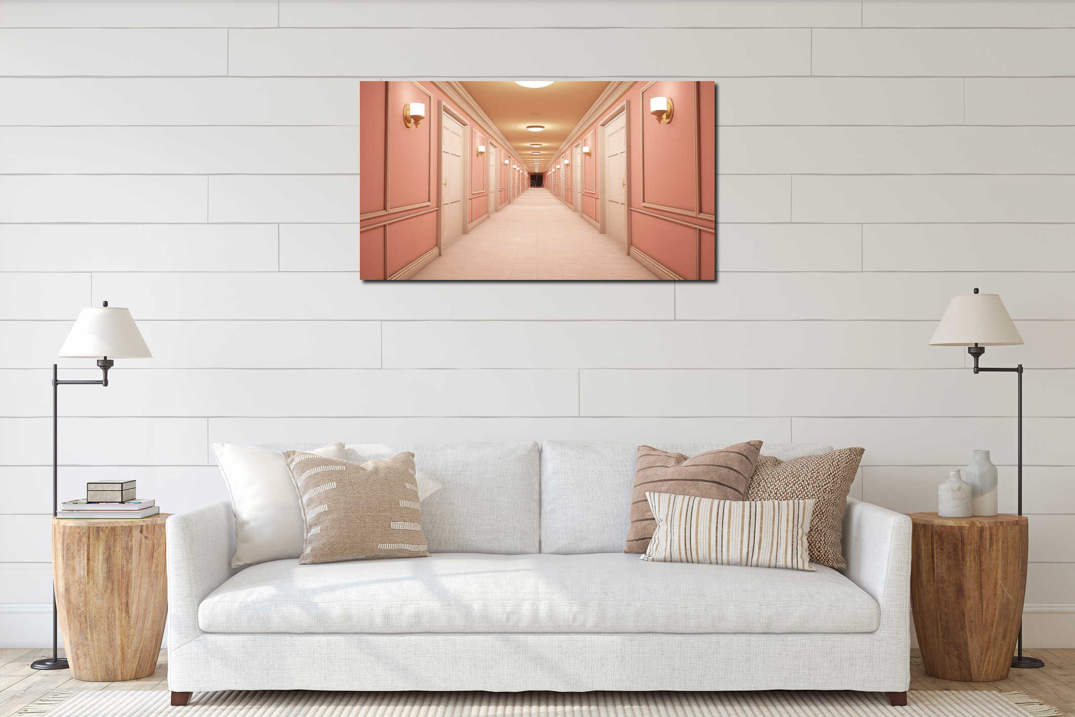 Peach colored hotel hallway with multiple doors and polished floor. Ideal for hotel design, luxury apartment complexes interior mockup