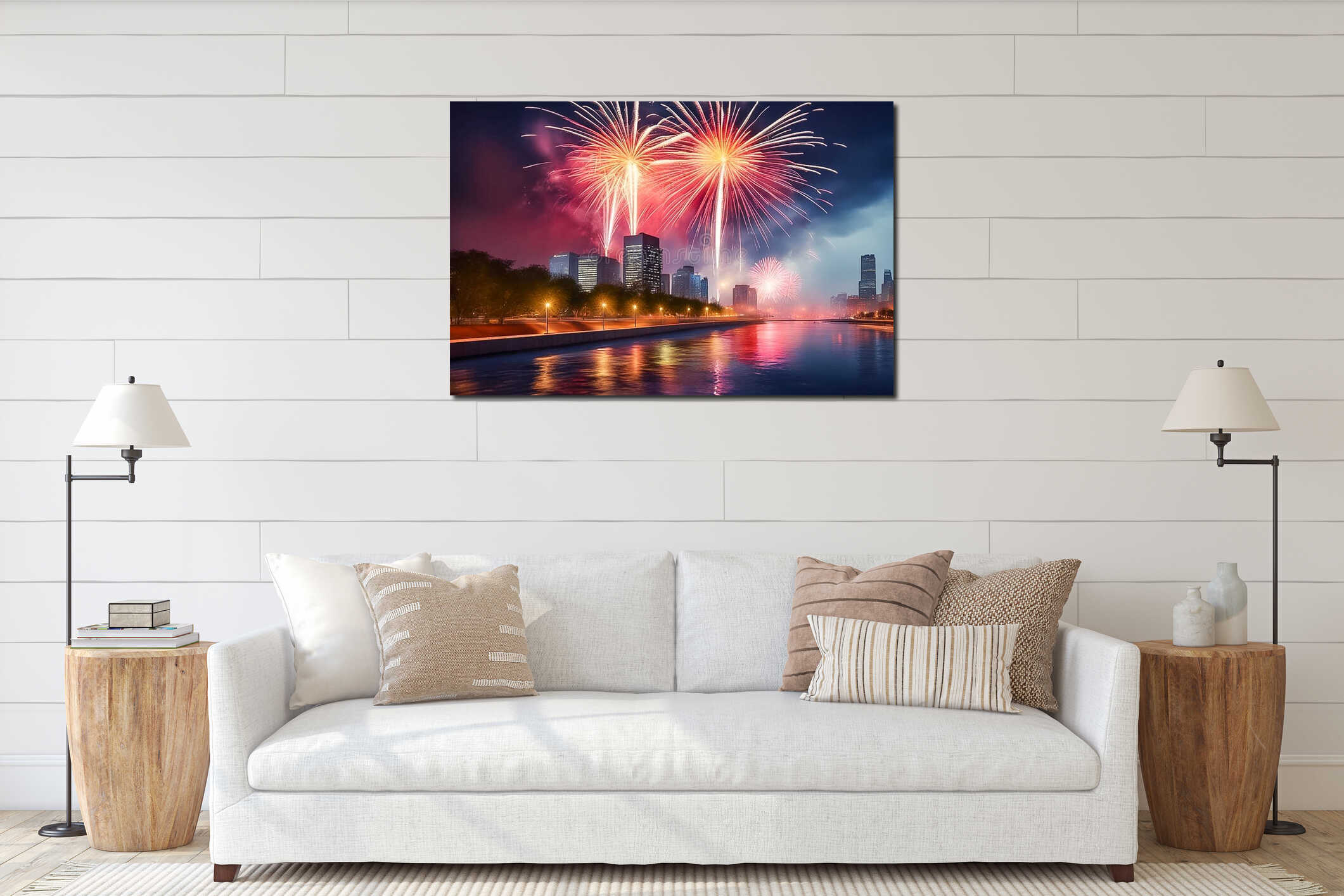 Colorful bright fireworks on the background of the city, view of the embankment, reflection in the water, festive interior mockup