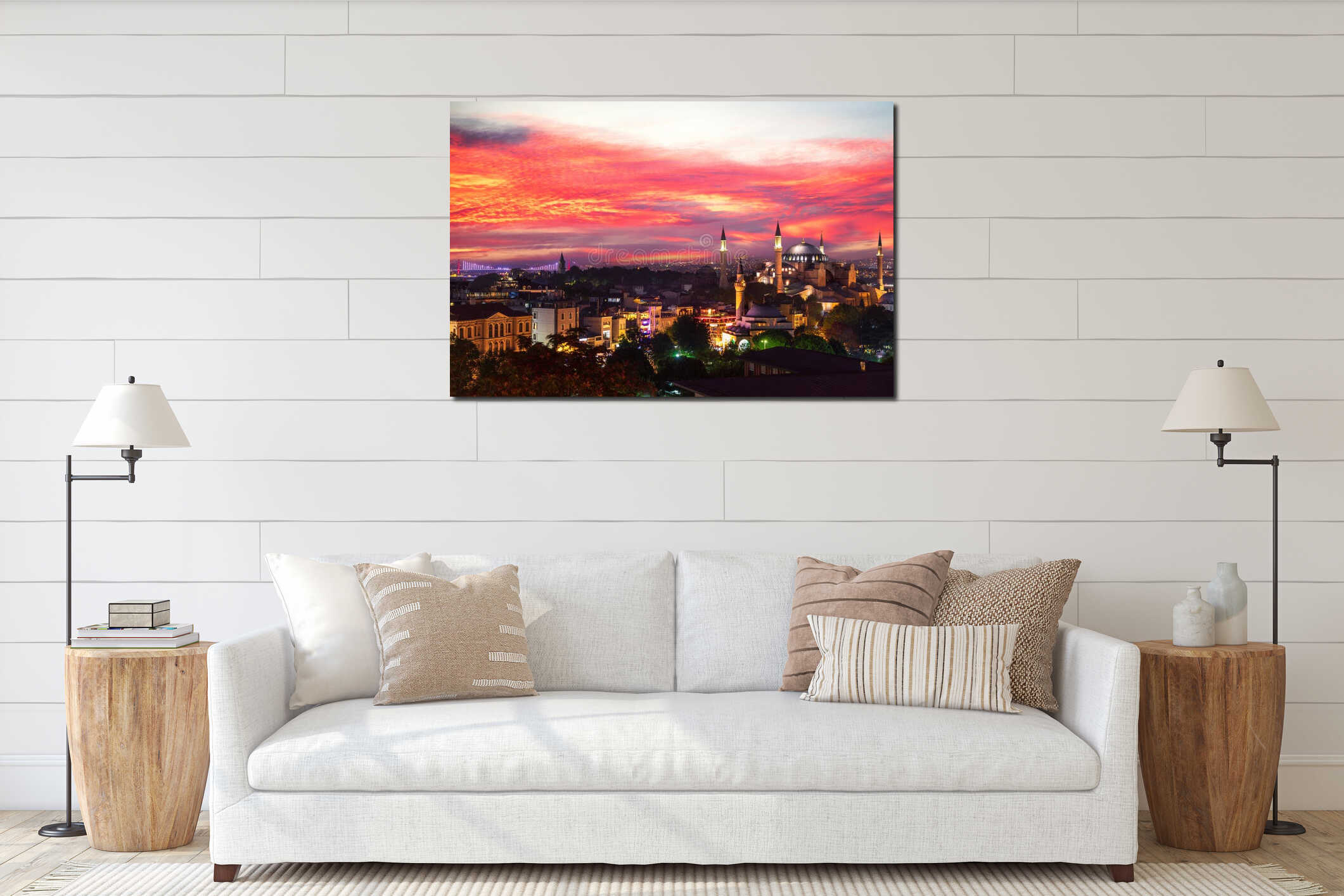 Sunset view over Hagia Sophia and the Bosphorus Bridge of Istanbul, view on the city skyline, Turkey interior mockup