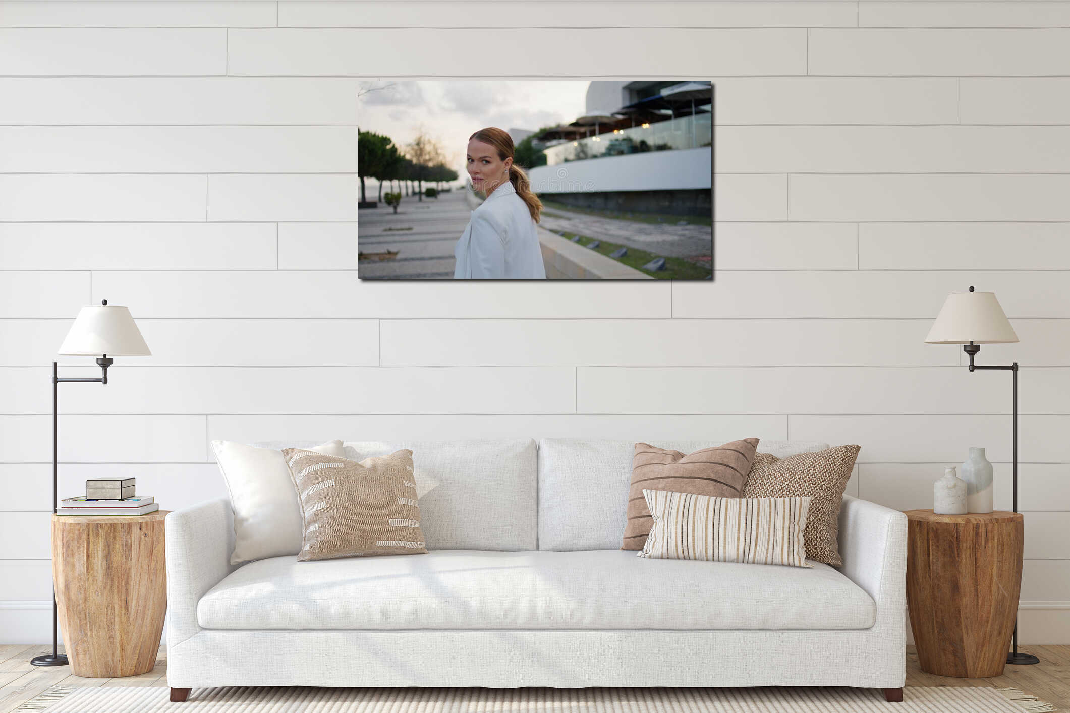 Luxurious girl going street turning around close up. Businesswoman walking town interior mockup