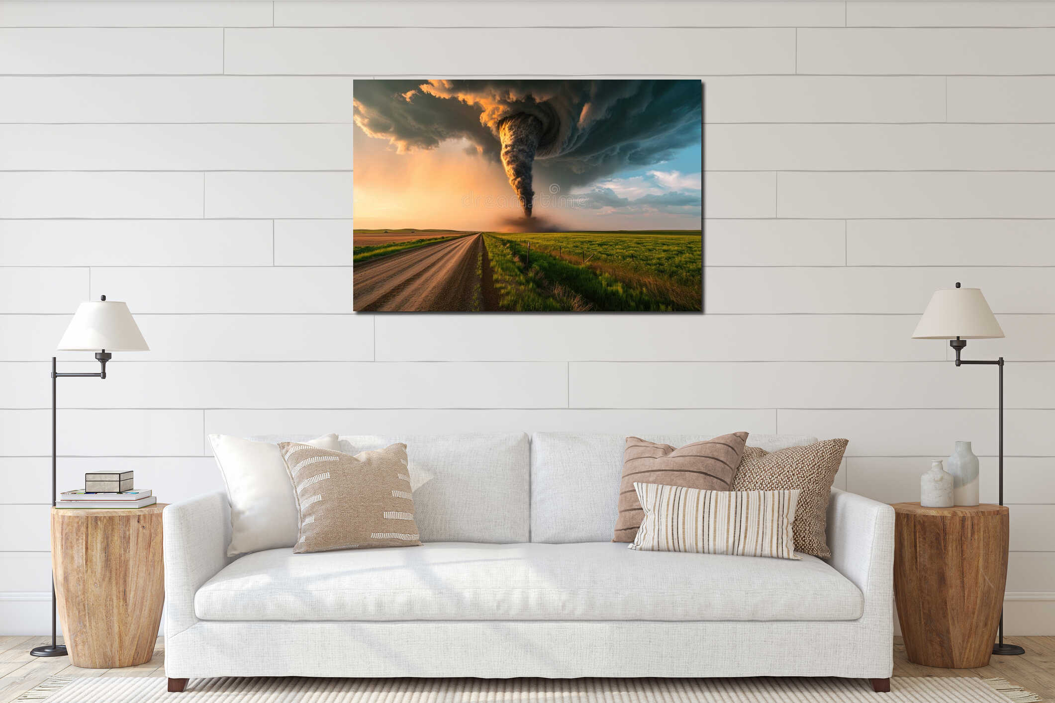 Witness the awe-inspiring sight as a massive tornado forms and emerges from a gigantic cloud, A majestic tornado forming over calm interior mockup
