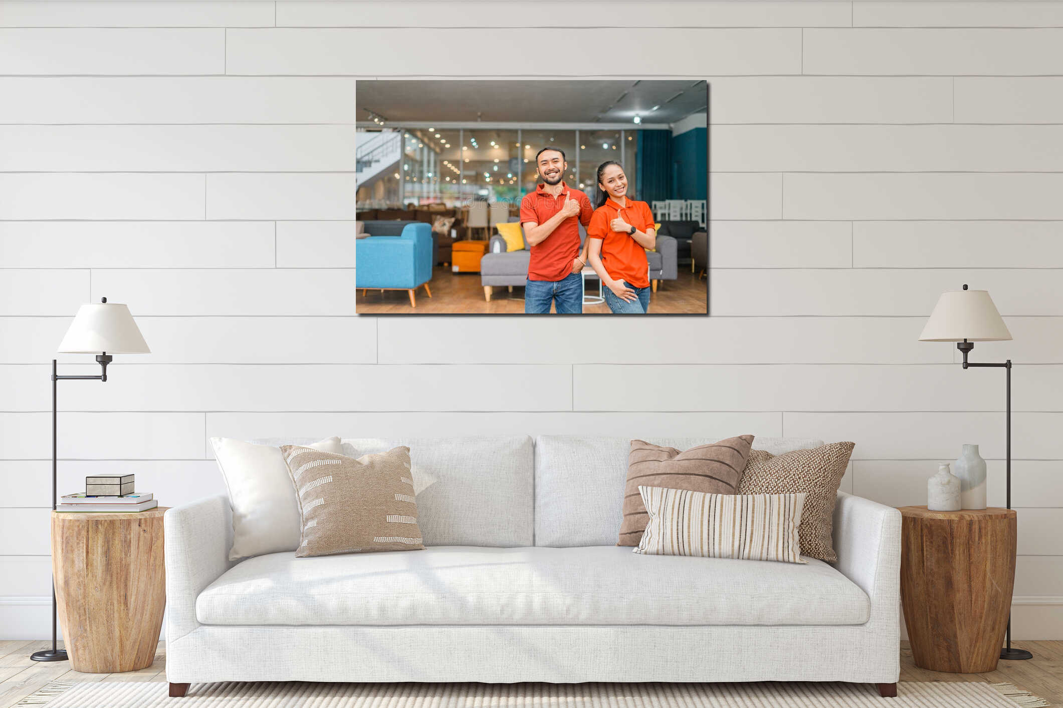 smiling man and woman with thumbs up standing in front furniture store interior mockup