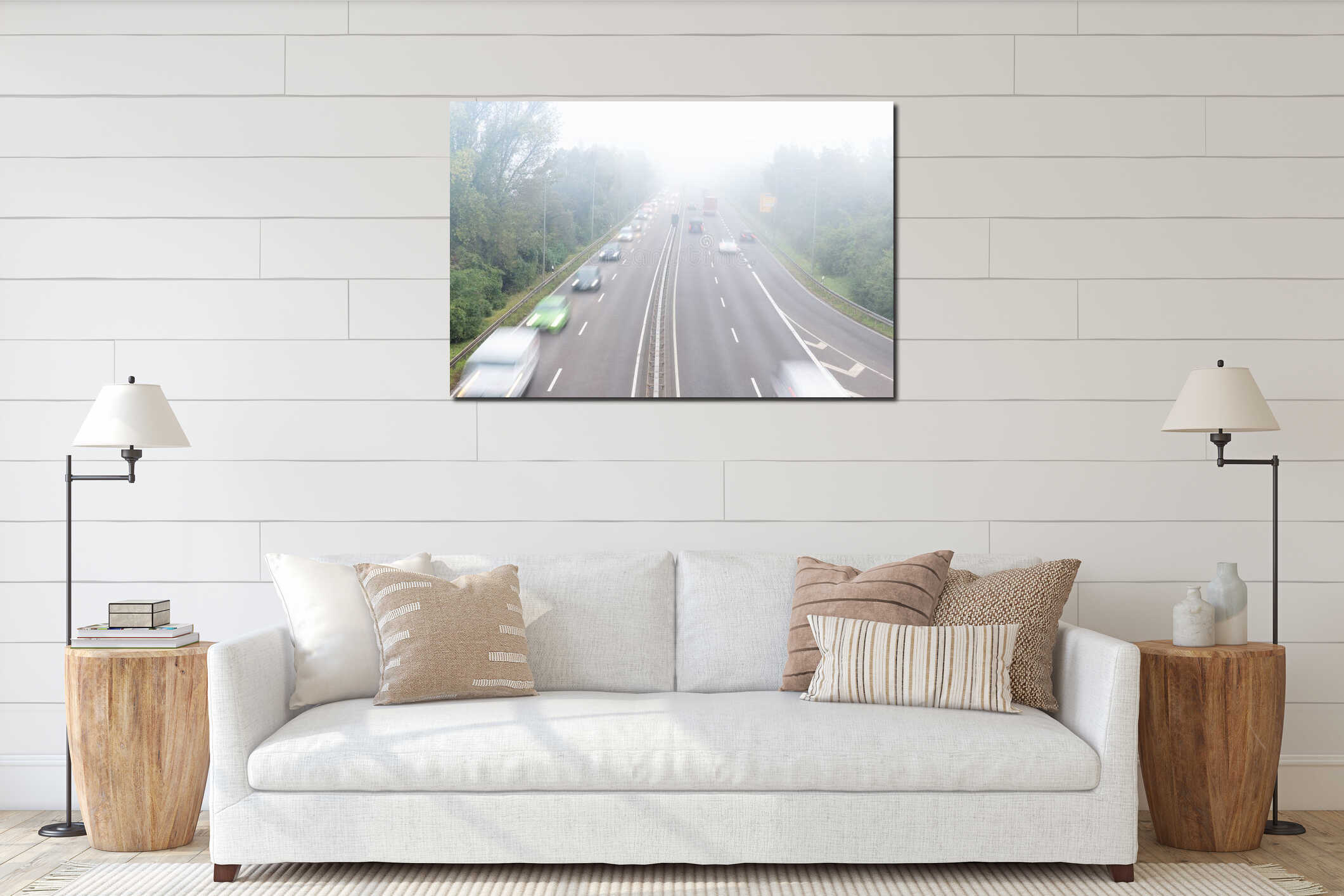 Scenic city highway road traffic jam many cars at foggy misty rainy haze morning low poor visibility cold spring autumn interior mockup