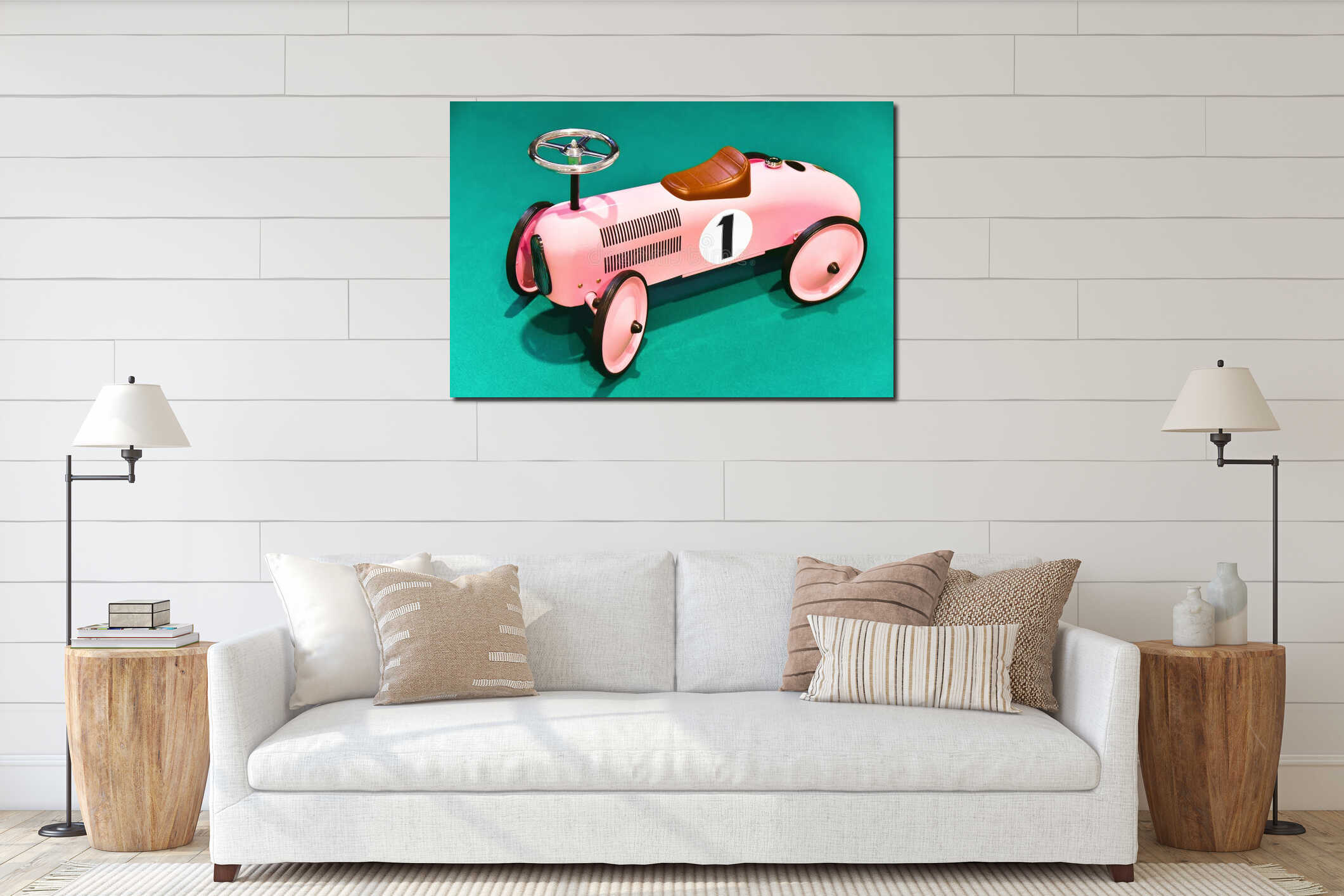 Children's retro car tor pink colour with number one on a green background interior mockup