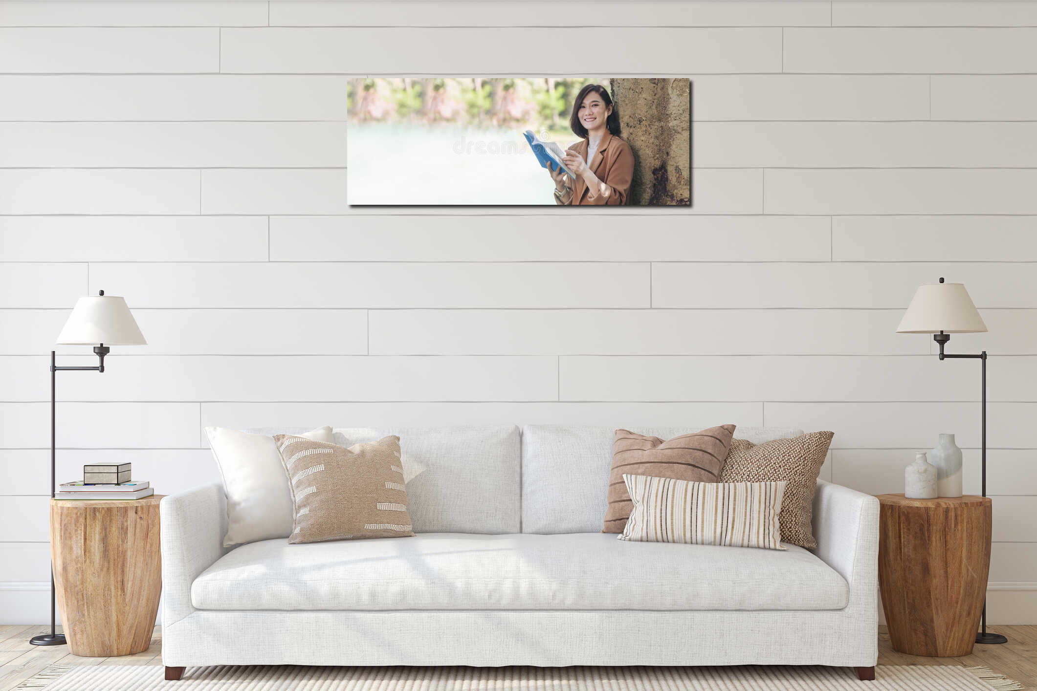 Banner Happy asian woman reading book outdoor in green park. Panorama Reading book magazine relaxation woman. Leisure portrait interior mockup