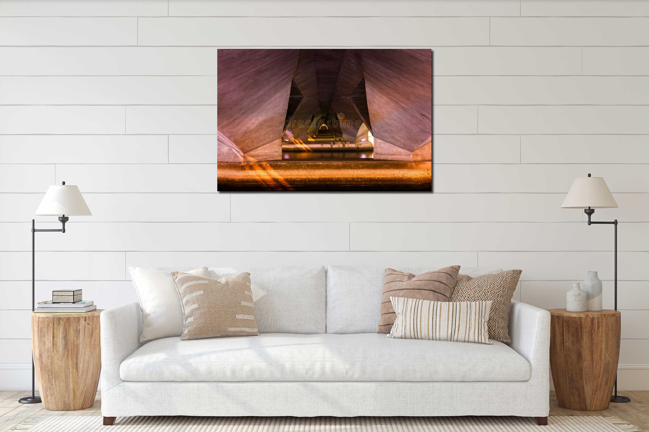 Golden symmetrical lights under a modern concrete bridge interior mockup