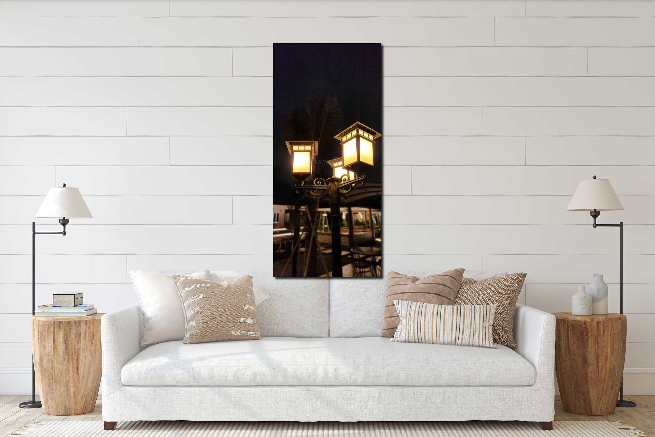 Night photo in the outdoor garden& x27;s restaurant interior mockup