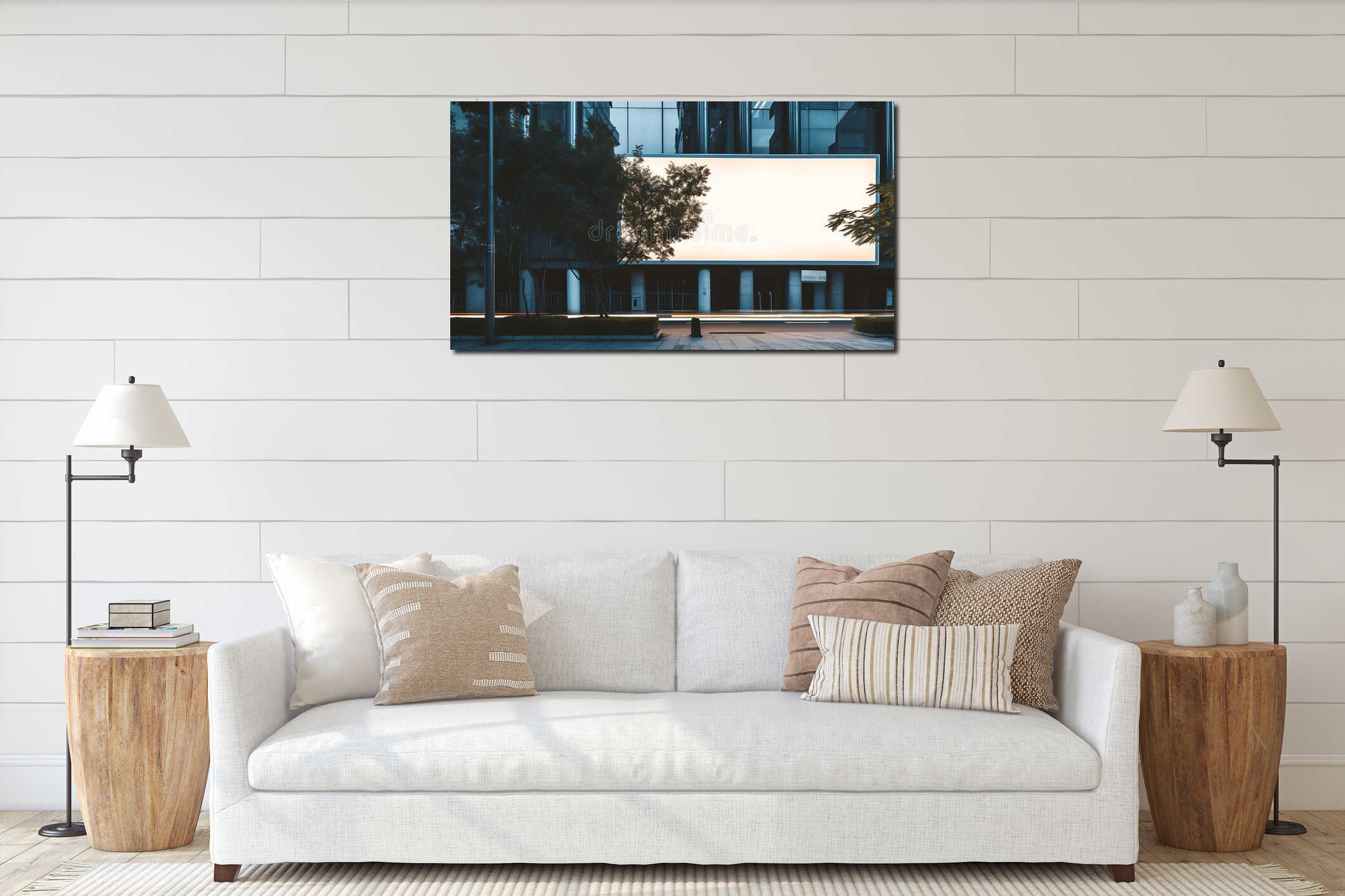 Generative AI Large horizontal blank advertising poster billboard banner mockup in front of building in urban city interior mockup