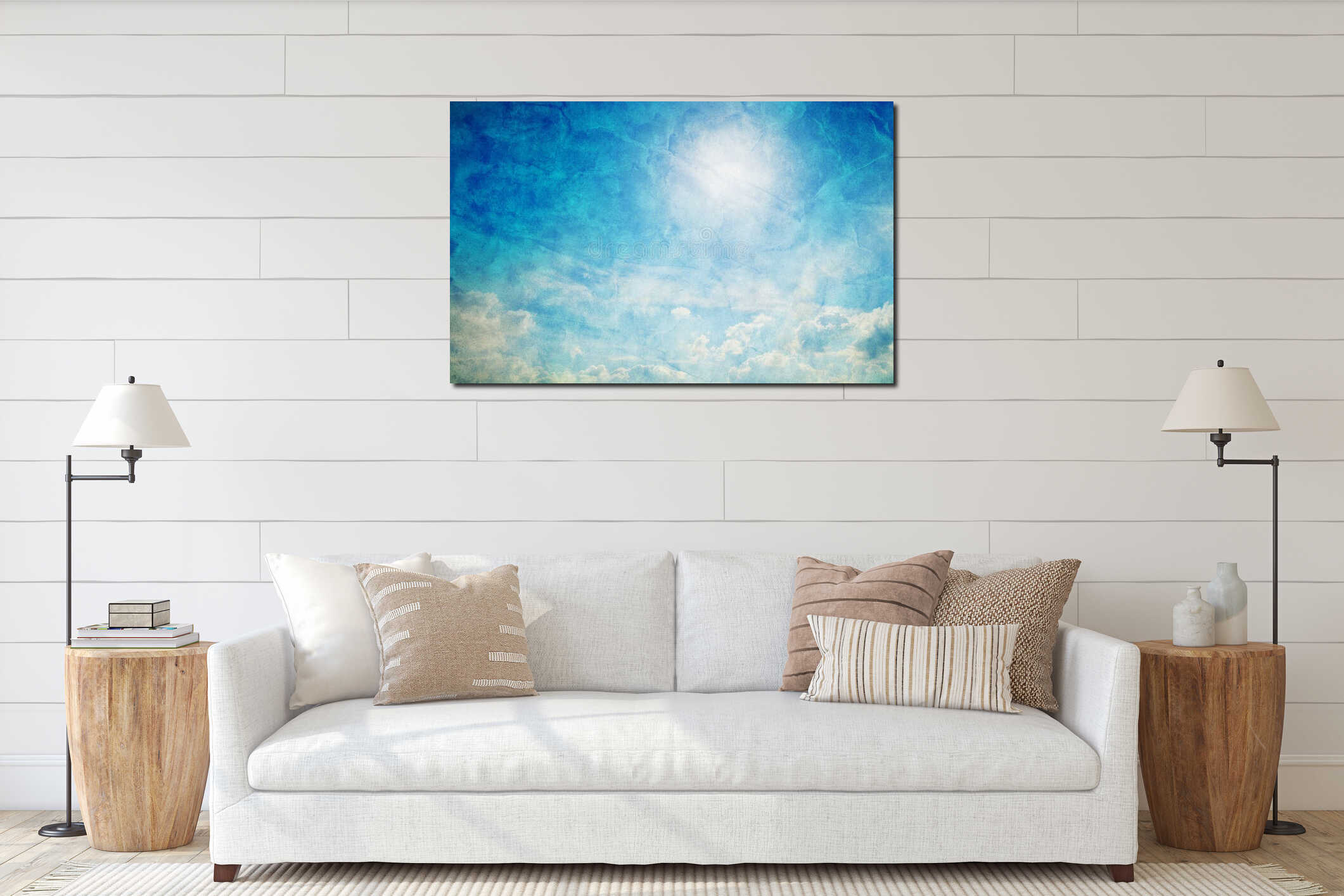 Vintage, retro image of sunny blue sky. interior mockup