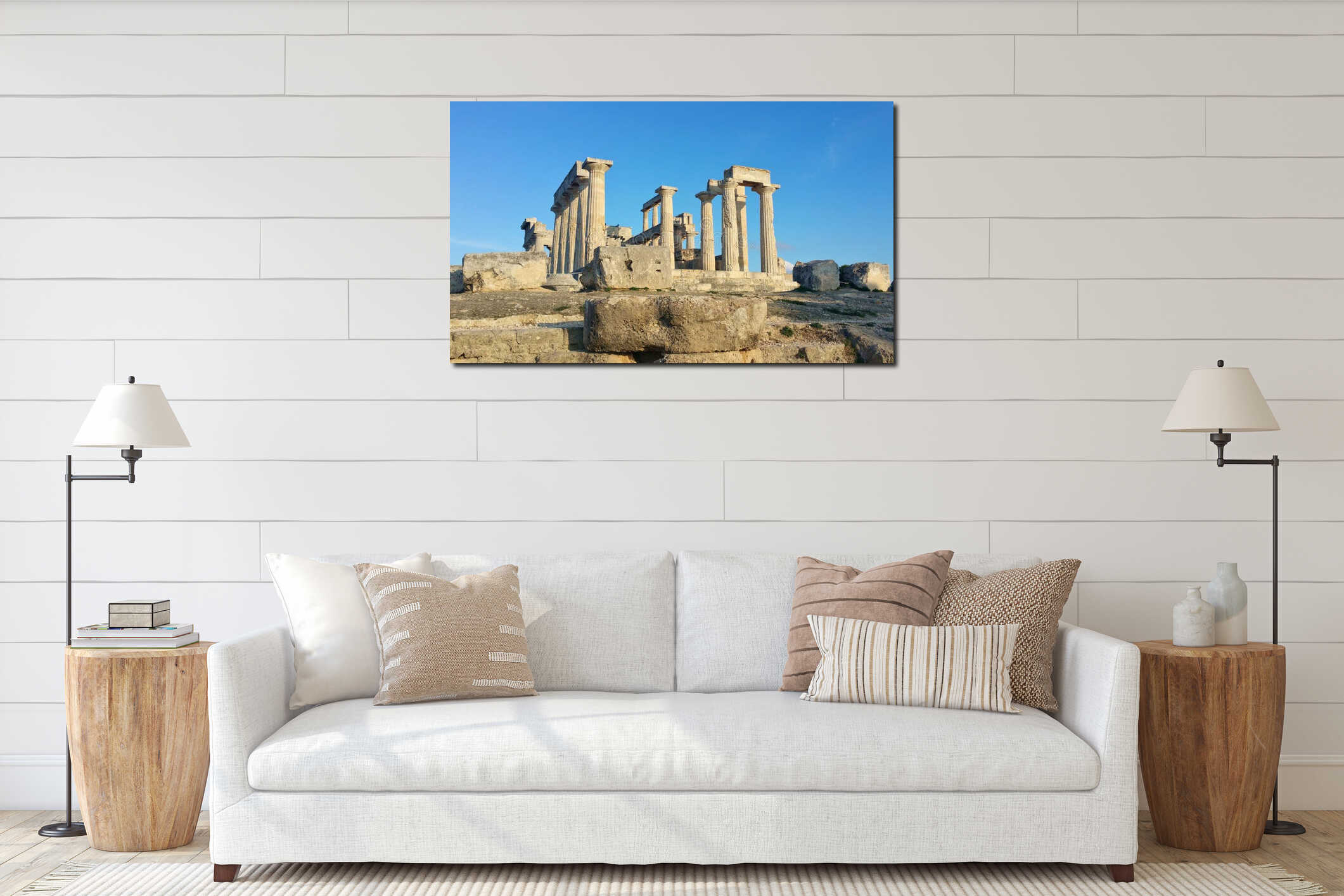 Greek ruins at the Temple of Aphaia on island of Egina ancient roman columns, golden hour historic remains, Greece Mediterranean interior mockup