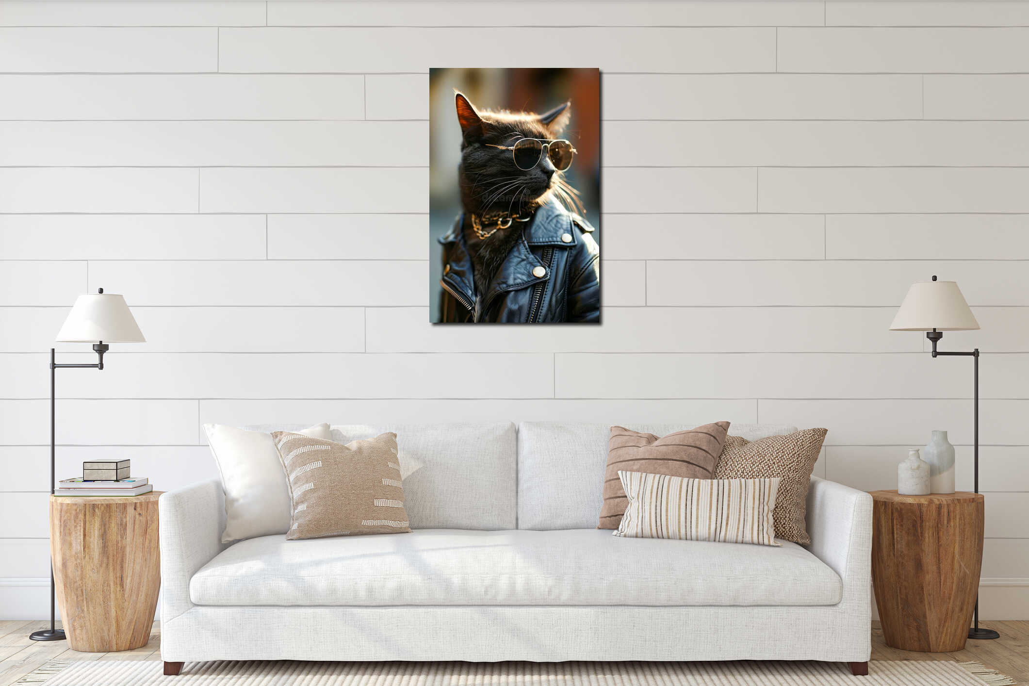 Black cat wearing pair of sunglasses and leather jacket. Generative AI interior mockup
