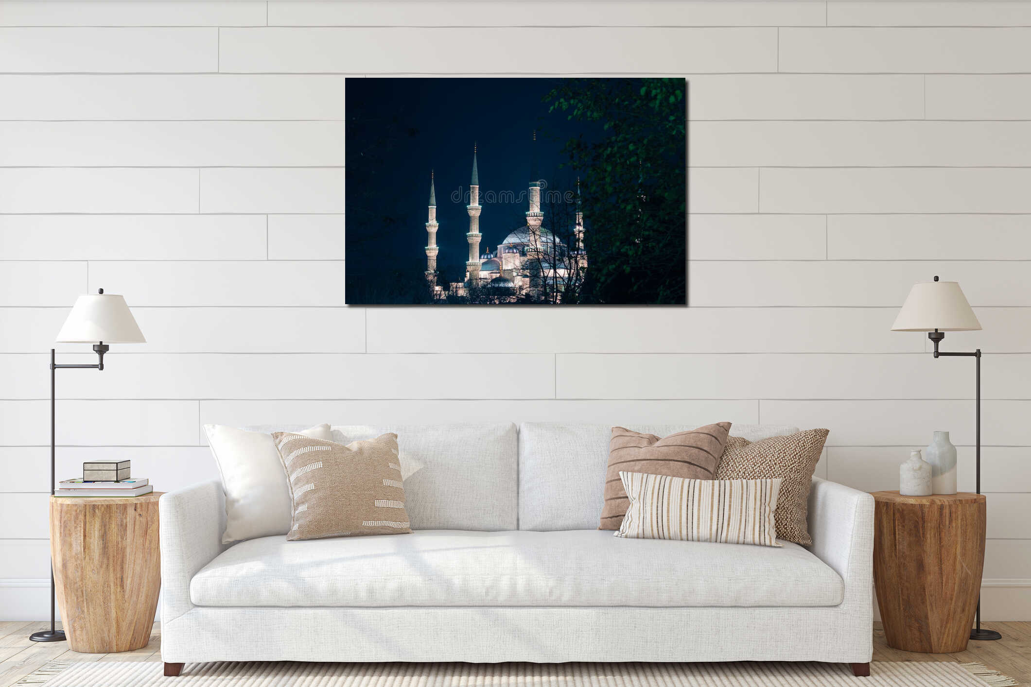 Islamic or ramadan concept photo. Sultanahmet or Blue Mosque view at night interior mockup