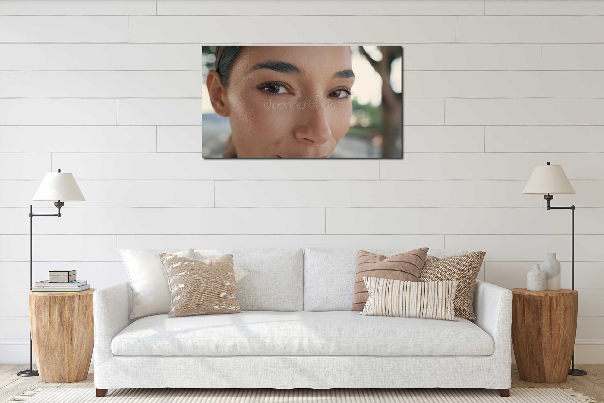 Closeup gorgeous woman eyes looking camera outdoors. Mesmerizing happy girl wink interior mockup