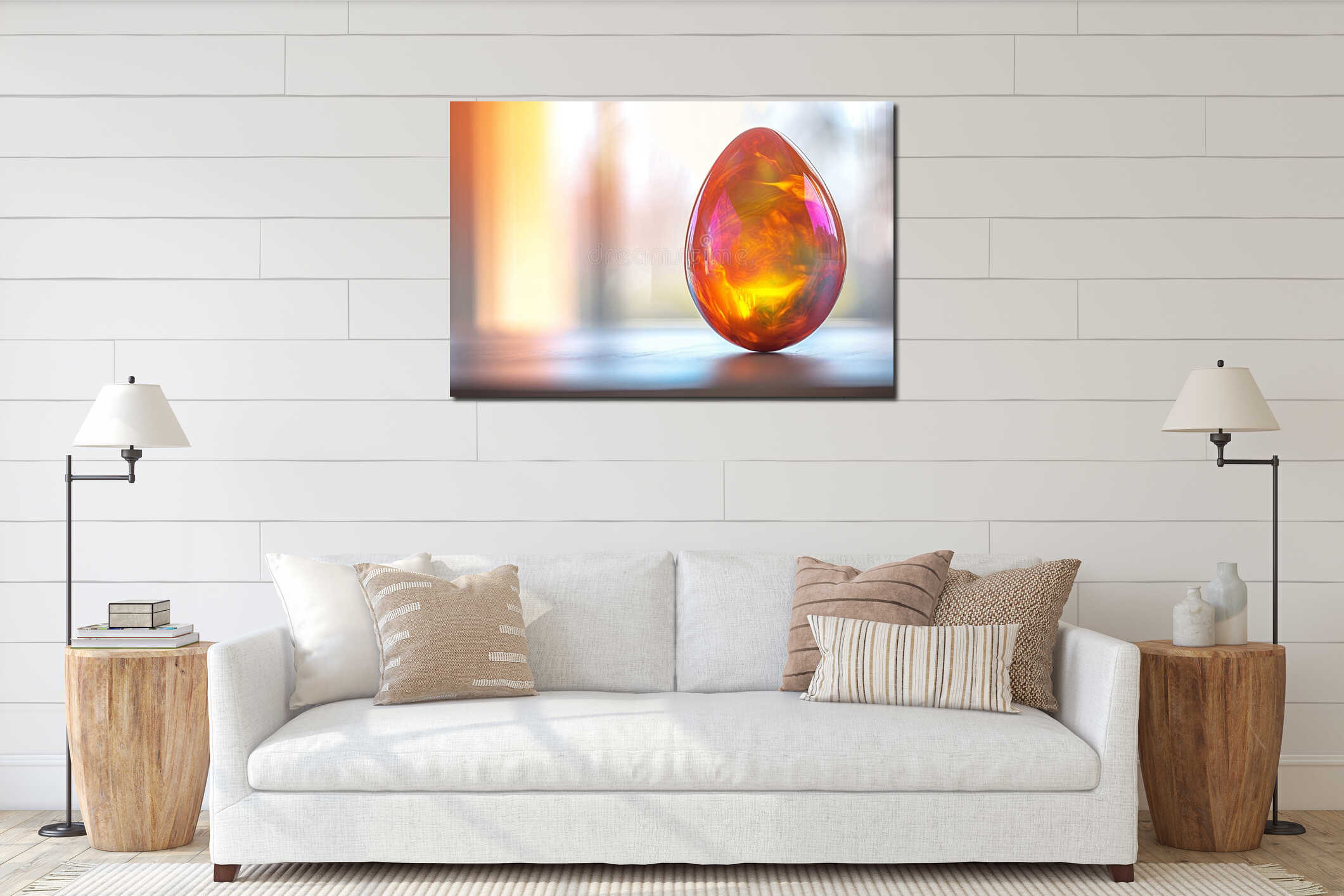 A sleek, ultra-modern Easter card featuring a amazing, glass-like Easter egg on a simple, bright, blurred background interior mockup