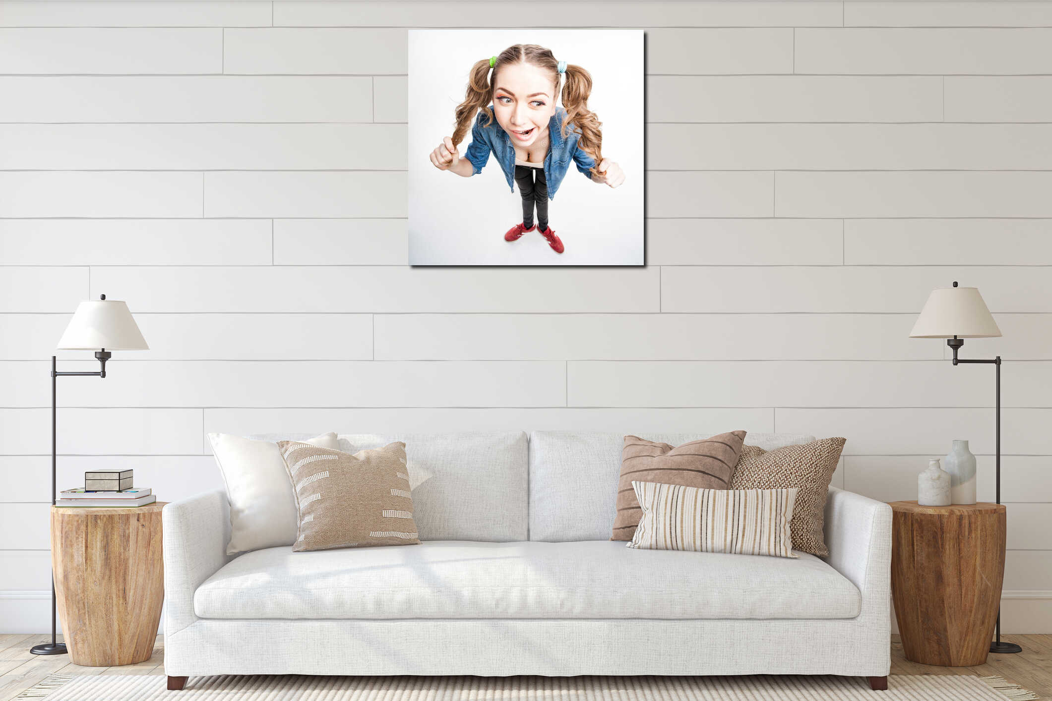 Cute funny girl with two pony tails - wide angle shot interior mockup