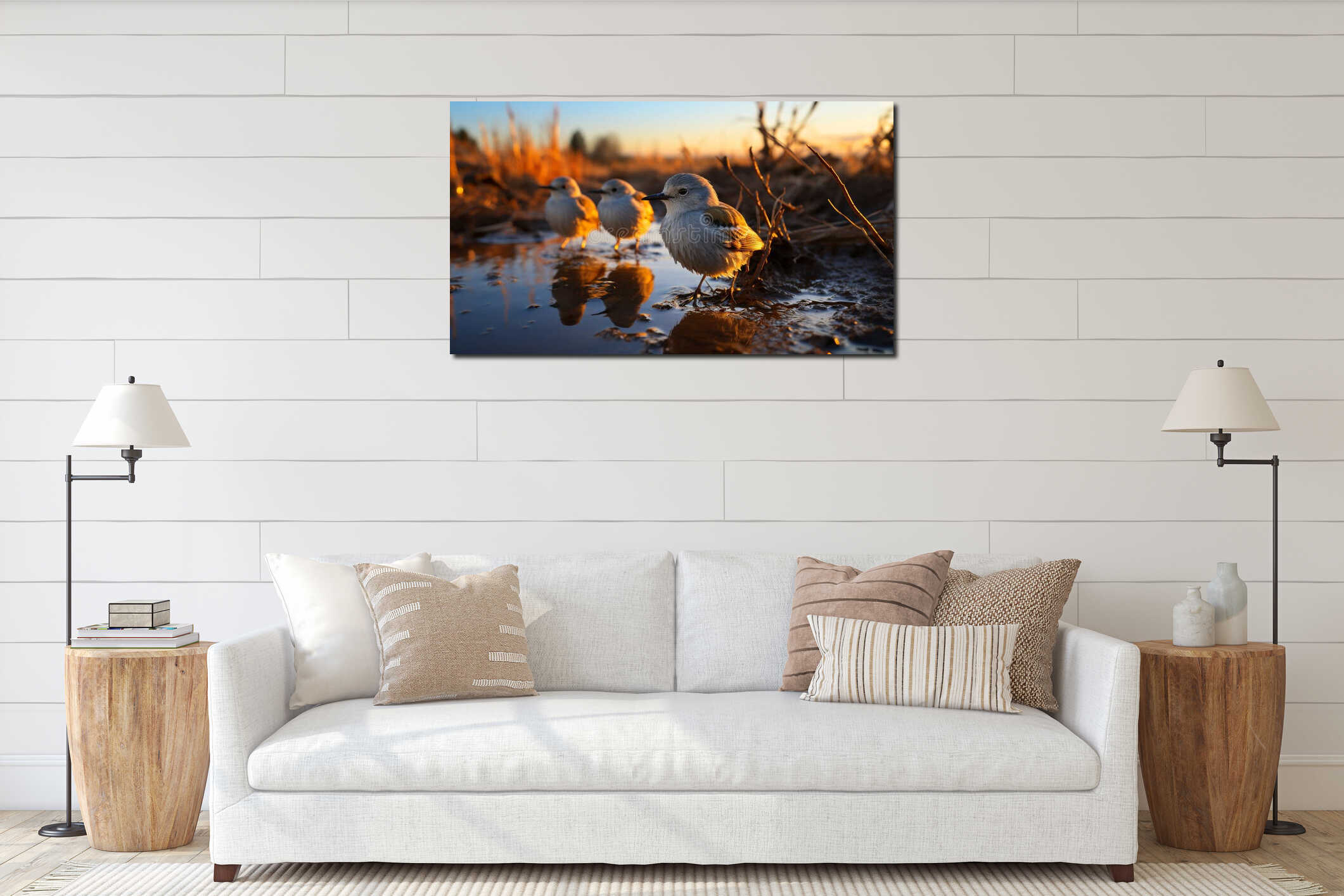 Seagull standing on water, reflecting tranquil sunset beauty generated by AI interior mockup