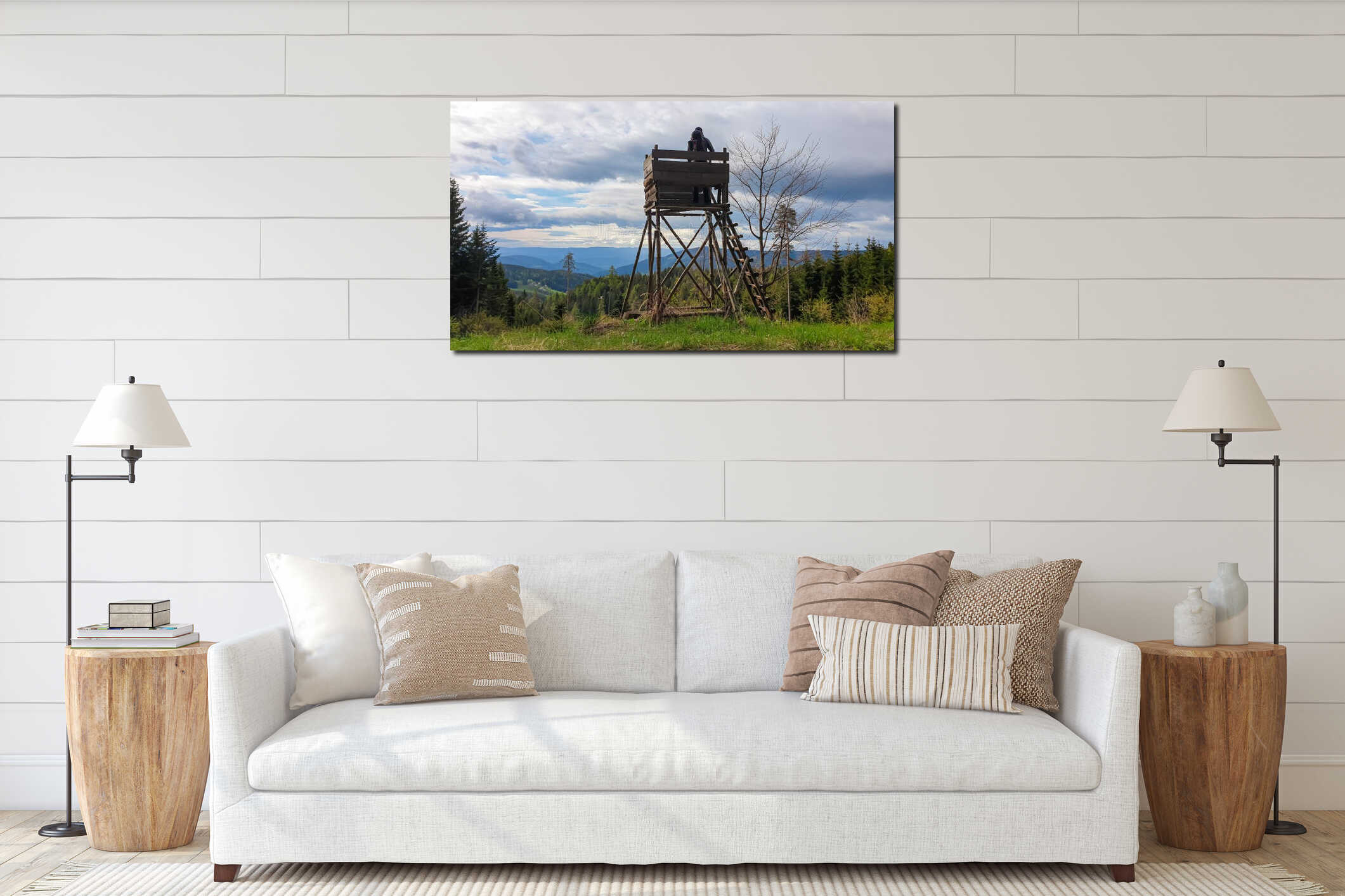 Dreieckkogel - Male person standing on wooden observation tower with panoramic view from Dreieckkogel interior mockup