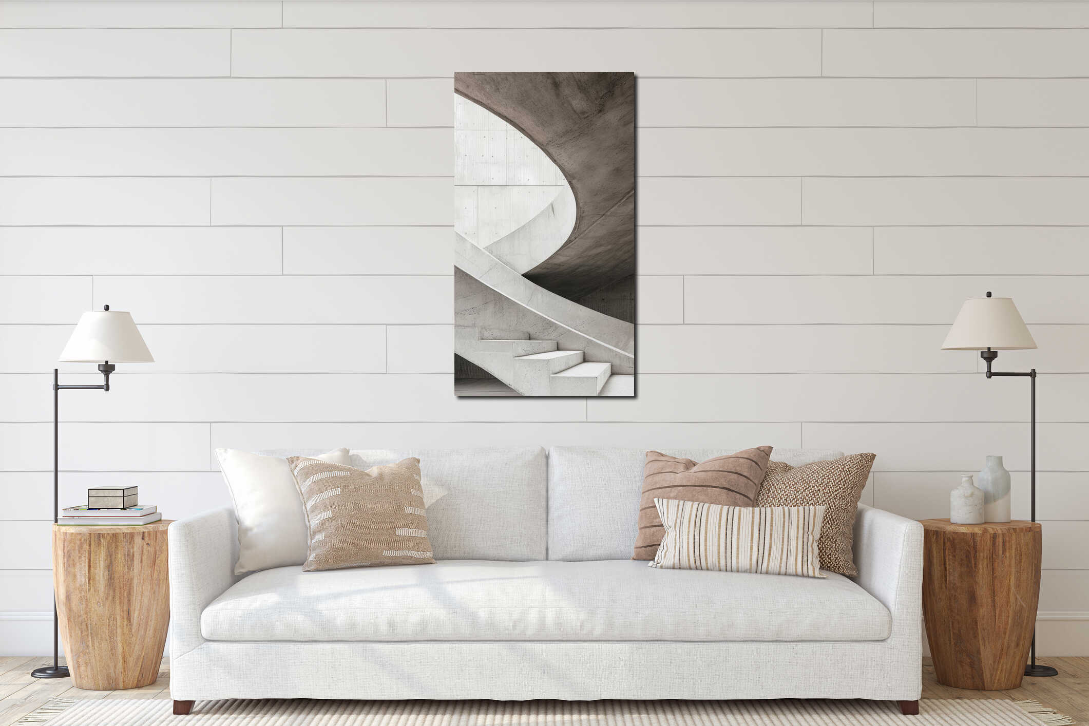 AI generated illustration of a pristine stone staircase in loft design interior mockup