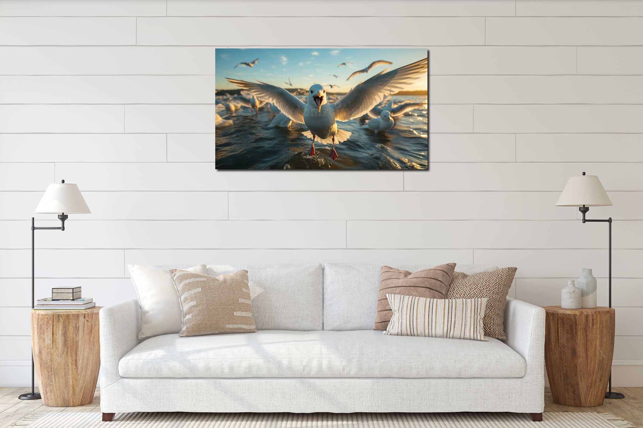 Seagull flying, nature freedom, sunset beauty, water reflection, tranquil scene generated by AI interior mockup