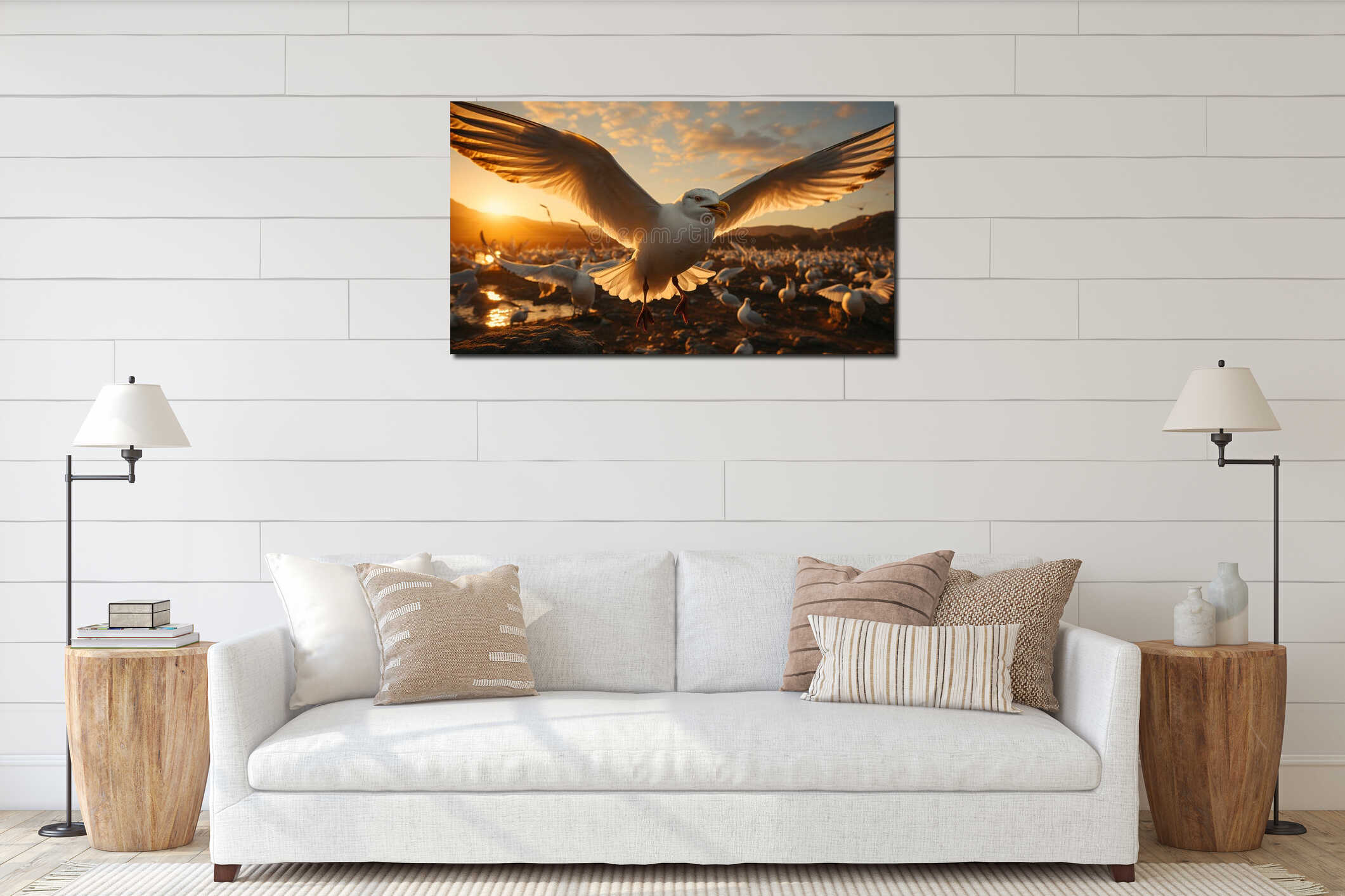 Seagull flying, sunset, spread wings, coastline, beauty in nature generated by AI interior mockup