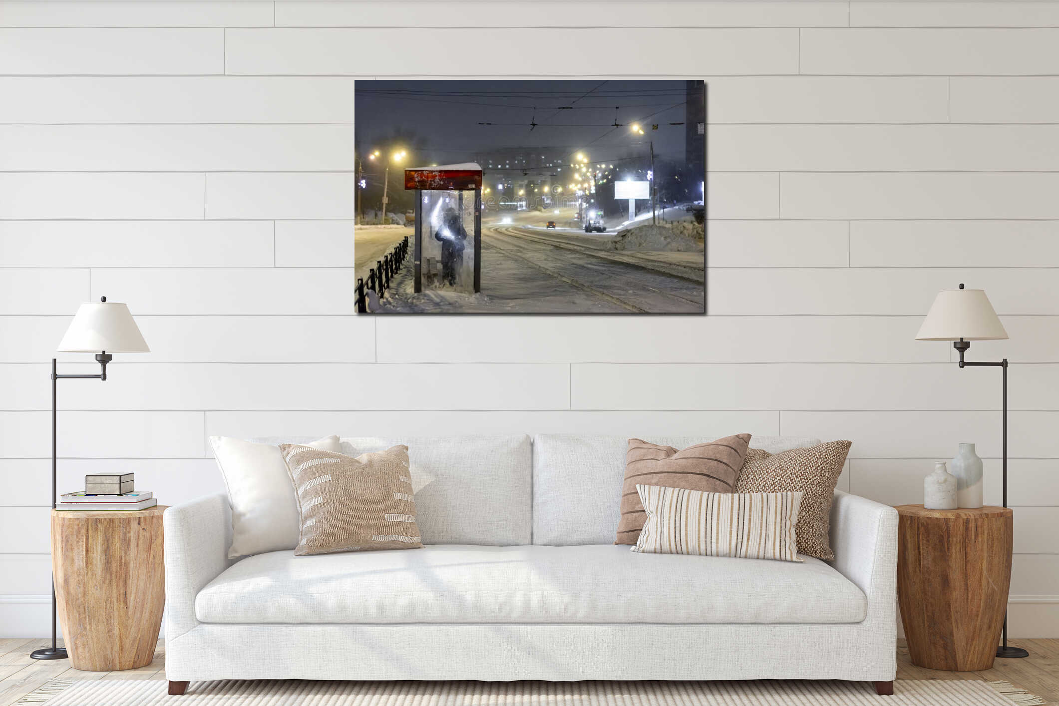 tram stop in an evening winter city during snowfall interior mockup