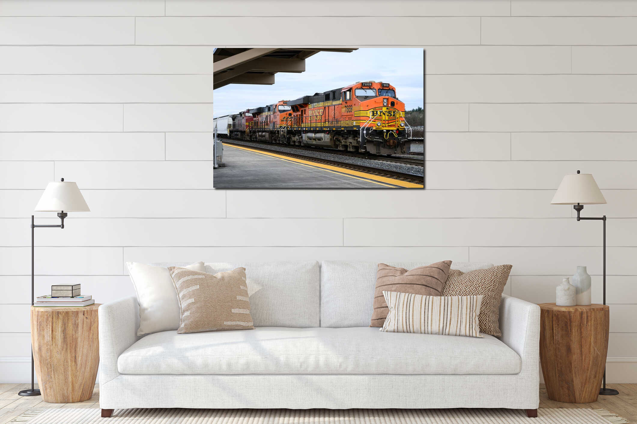 BNSF freight train at Stanwood railway station with three engines interior mockup