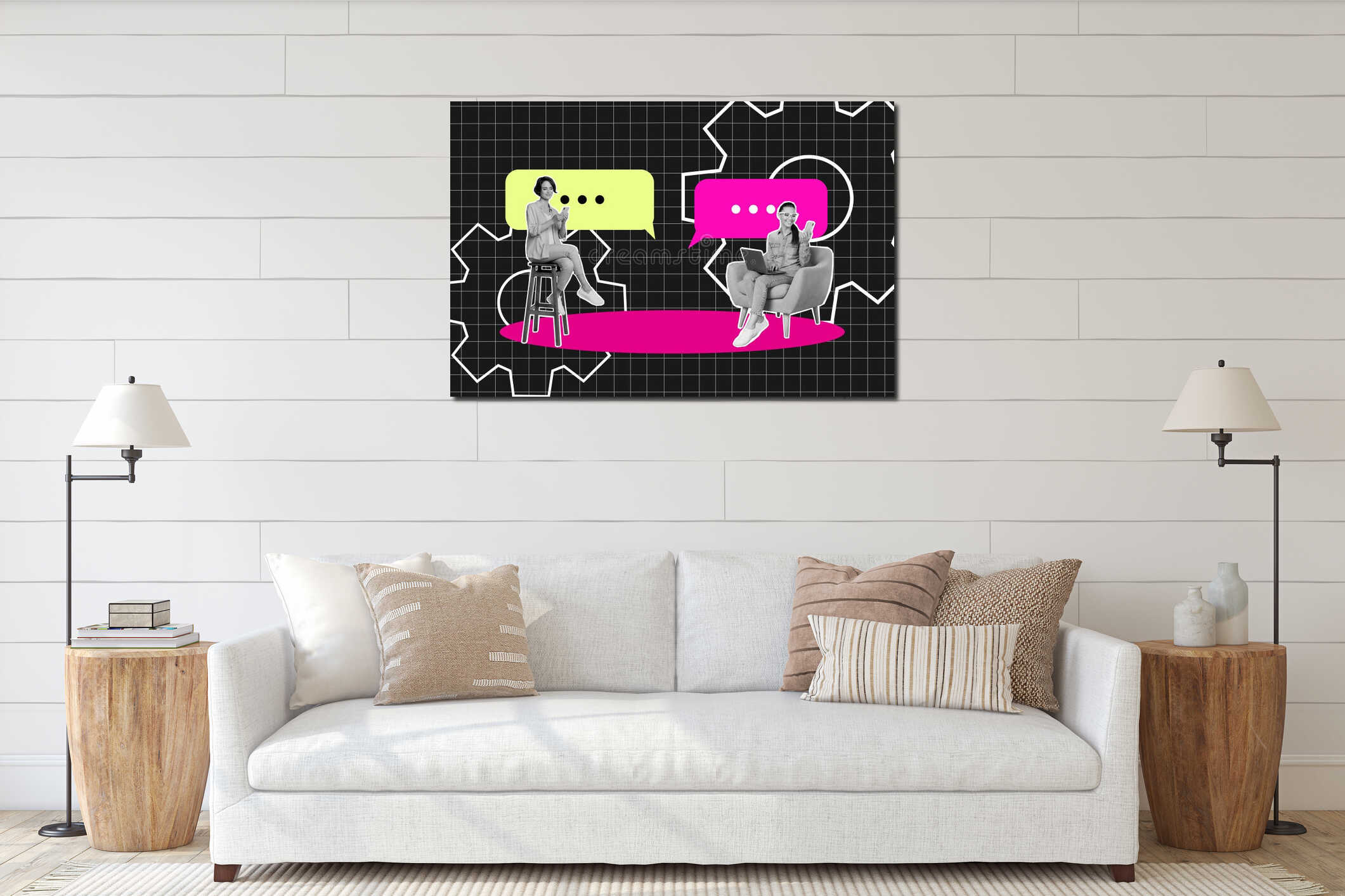 Creative composite collage photo of smart intelligent girls chatting on smartphones solve business tasks isolated on interior mockup