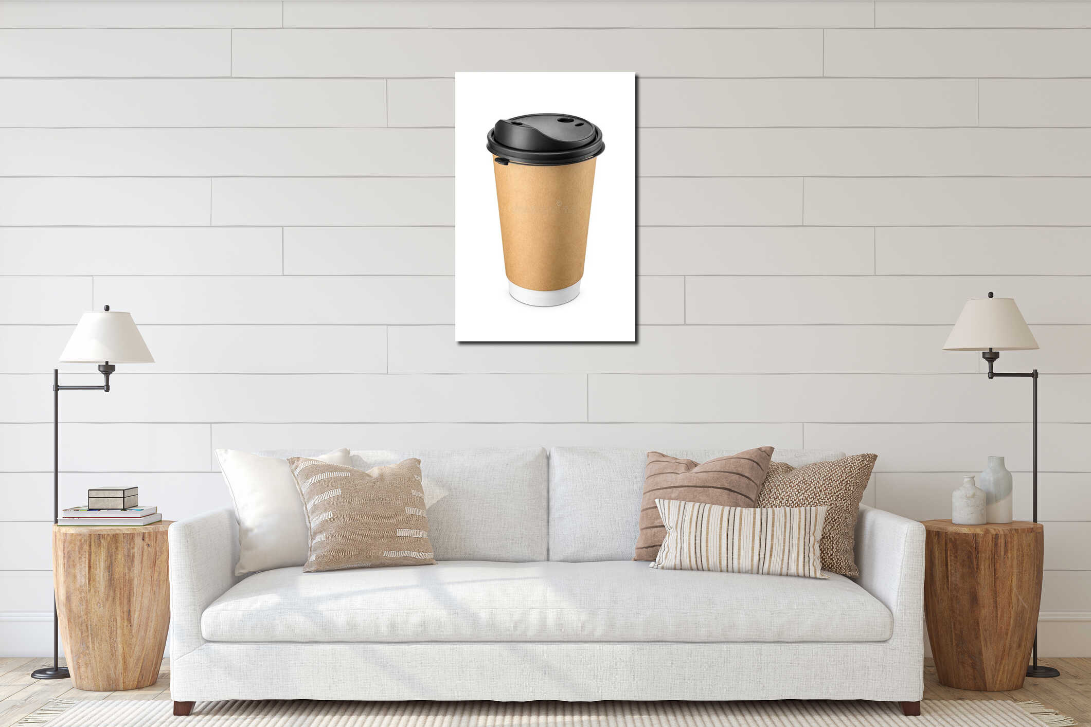 Large paper cup with brown sleeve and black plastic lid for latte coffee isolated on white interior mockup