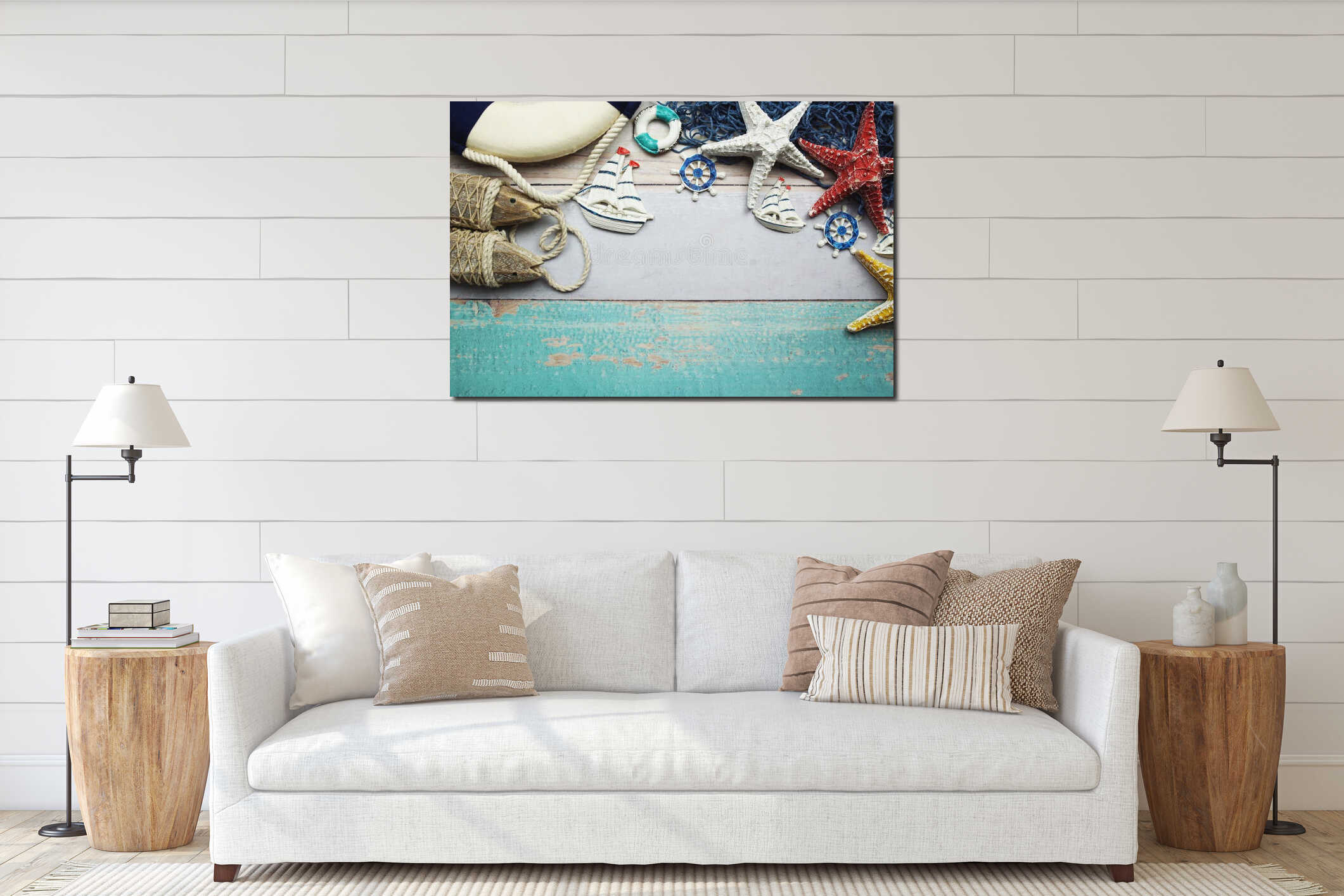 Nautical and summer background top view on wooden background interior mockup