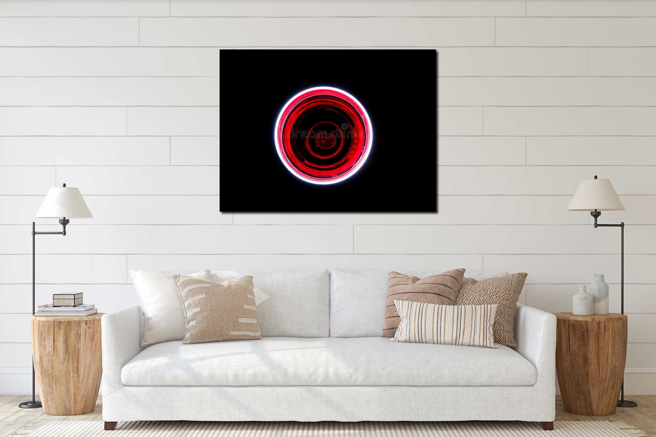 Artistic close-up of an illuminated red wine glass interior mockup