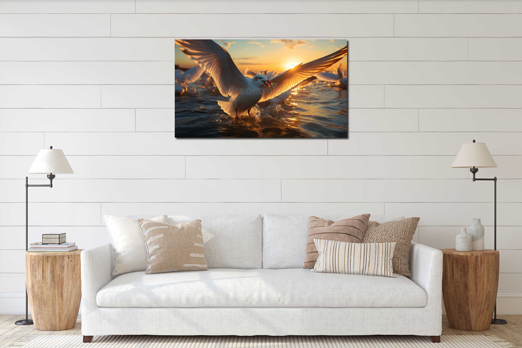 Seagull flying at sunset, freedom in nature tranquil beauty generated by AI interior mockup