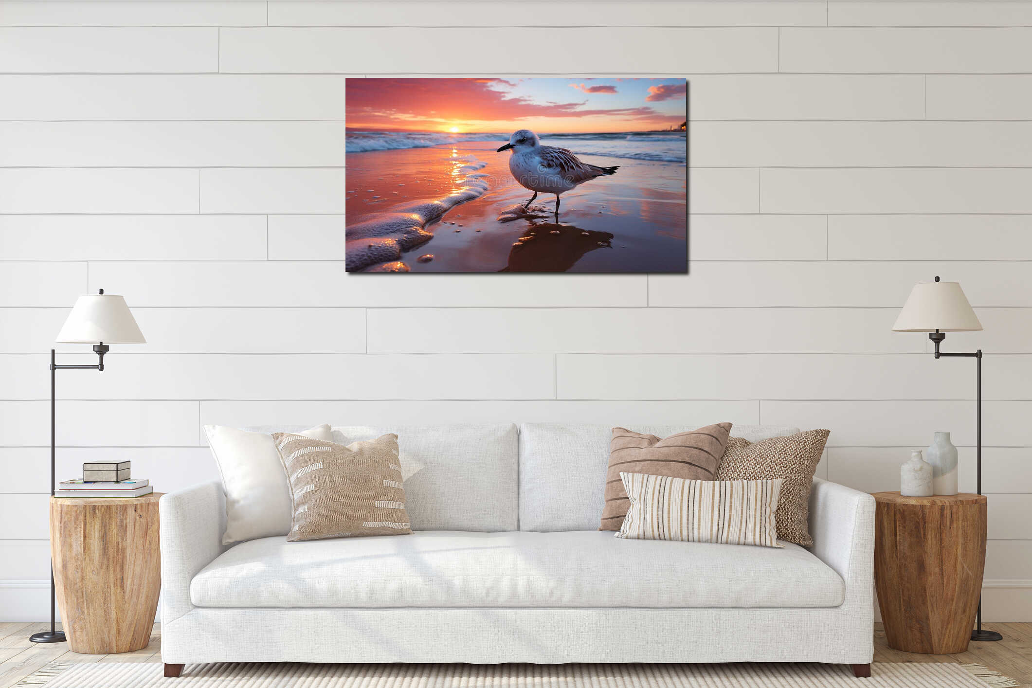 Sunset over water, seagull flying, tranquil scene, beauty in nature generated by AI interior mockup