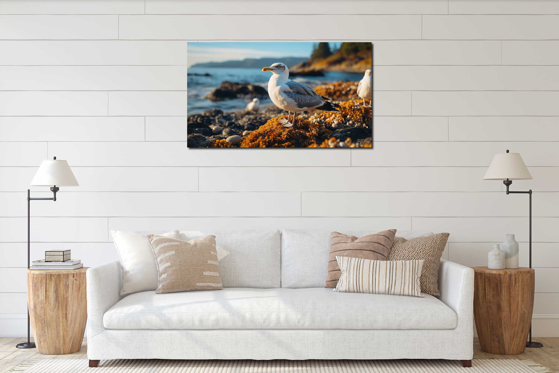 Seagull flying over water, enjoying freedom in tranquil nature generated by AI interior mockup