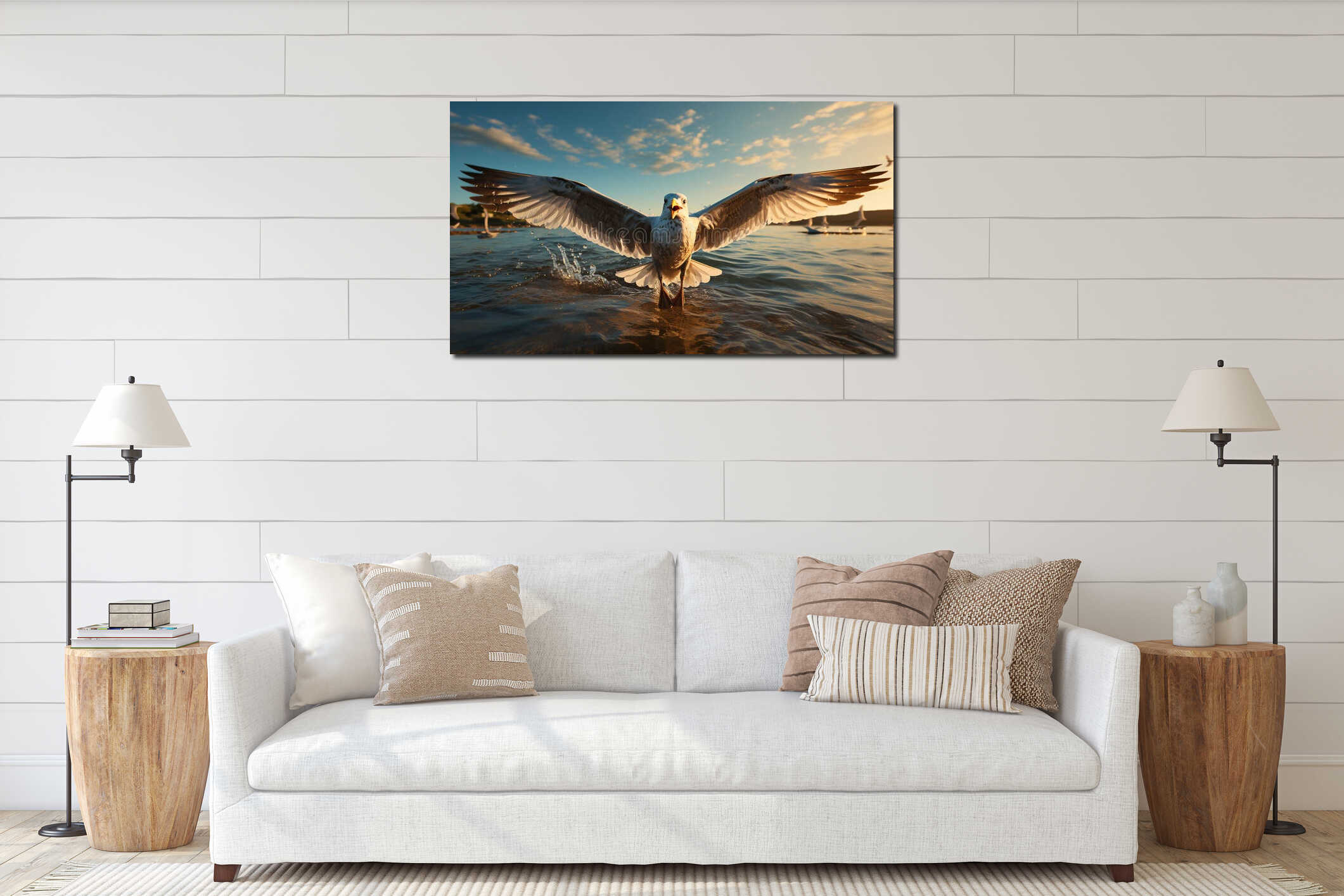 Seagull flying freely, wings spread, in nature tranquil sunset generated by AI interior mockup