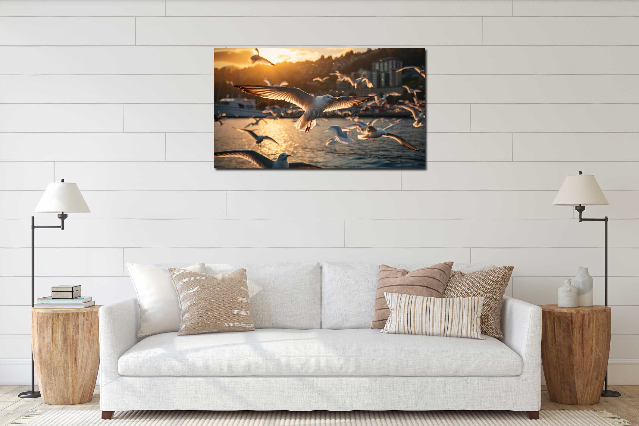Seagull flying freely in nature at sunset generated by AI interior mockup