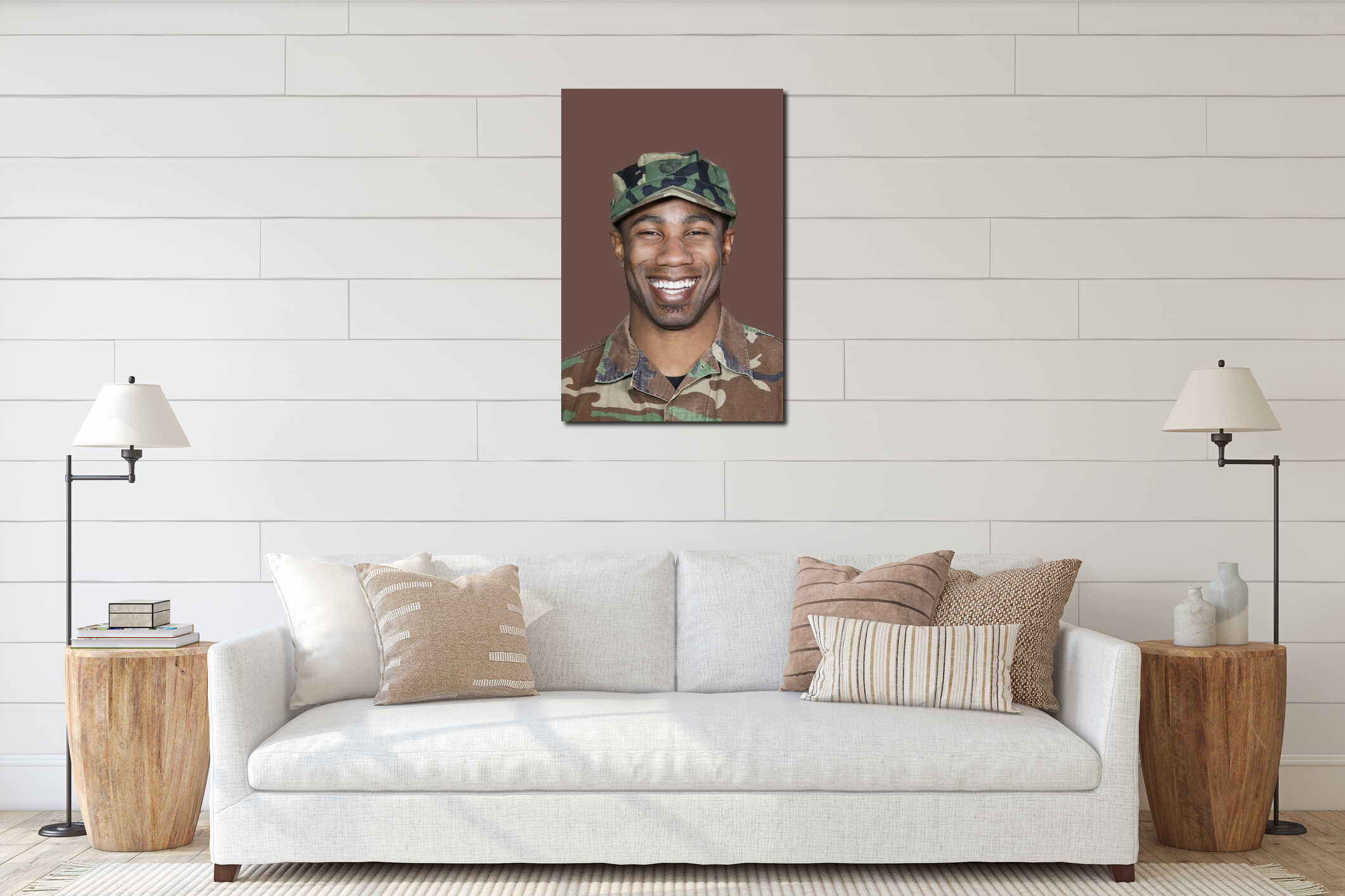 Portrait of a cheerful young African American US Marine Corps soldier over brown background interior mockup