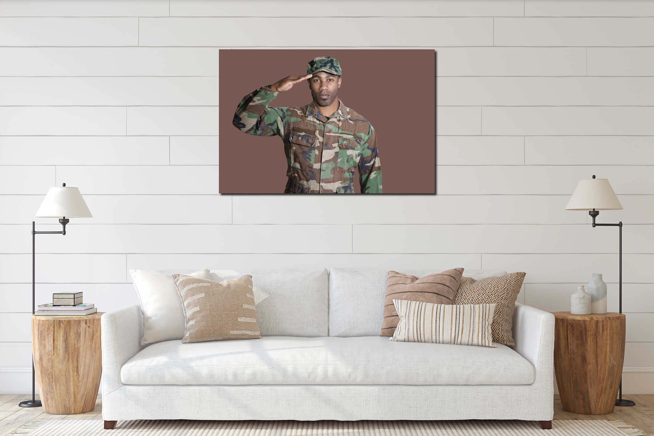 Portrait of a young African American US Marine Corps soldier saluting over brown background interior mockup