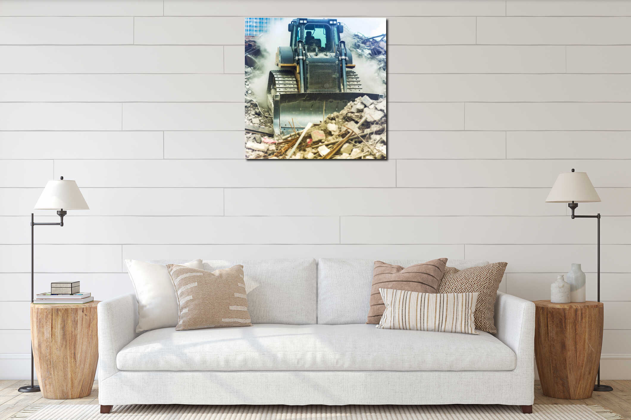 A bulldozer clears the rubble. interior mockup