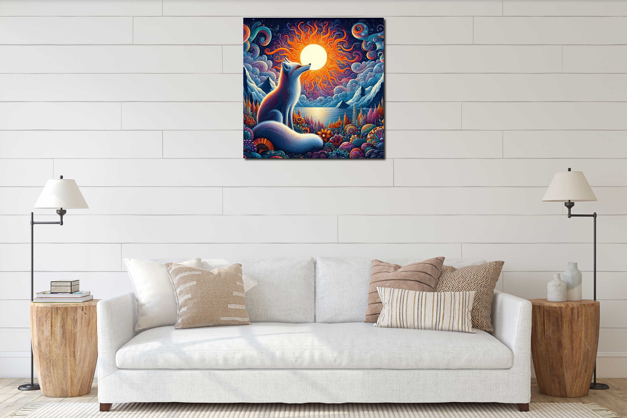 Arctic fox in the midnight sun, at summer, whisical wild place, bold painting, surrealism, flower, clouds interior mockup