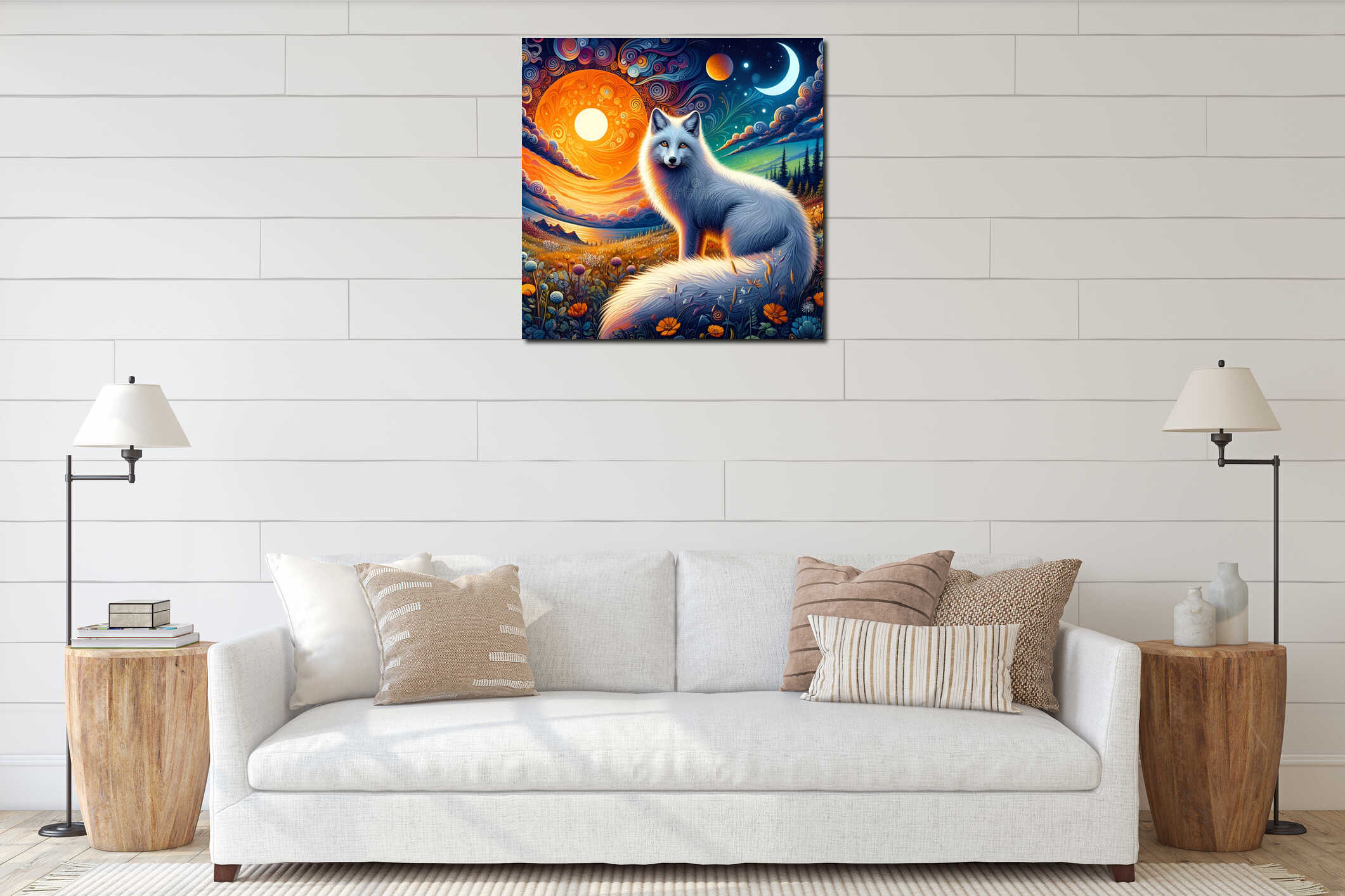 Bold painting of arctic fox, in the midnight sun, at summer, wild place, moon, flower, clouds, sky interior mockup