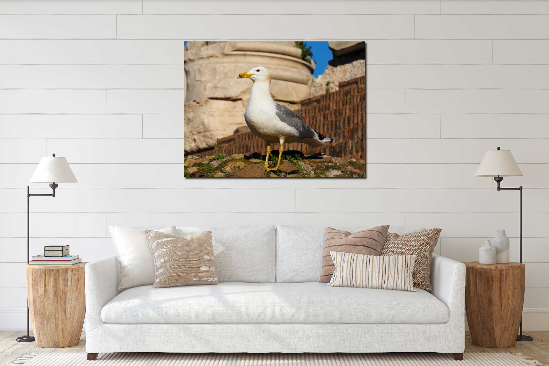 Seagull bird sitting on roman ruins interior mockup