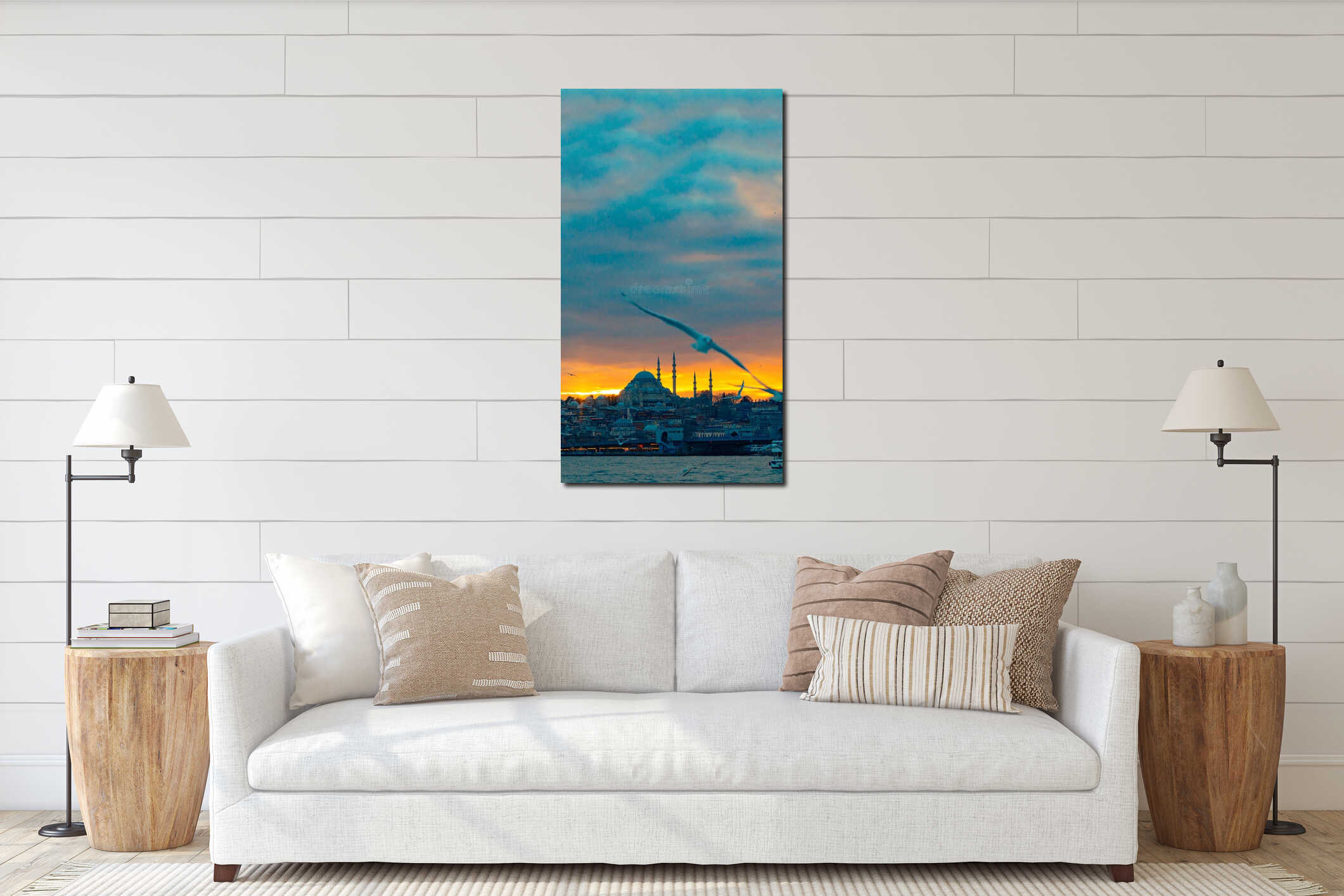 Istanbul vertical photo. Seagull and Suleymaniye Mosque at sunset. interior mockup