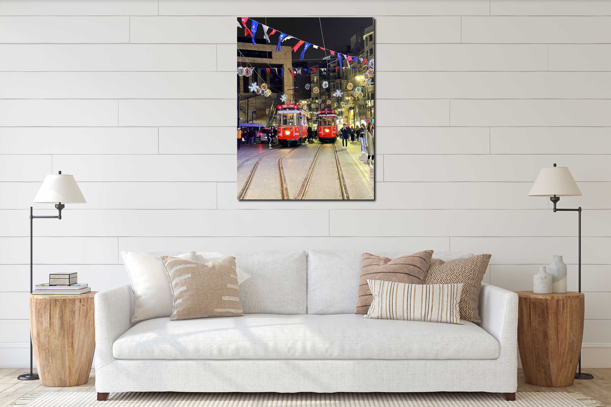 19 of April 2023 - Istanbul, Turkey: City life, the people and famous red tram on Istiklal pedestrian street interior mockup