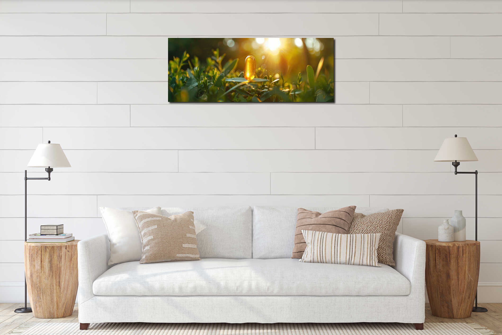 Golden Omega-3 Capsule on Greenery at Sunset interior mockup
