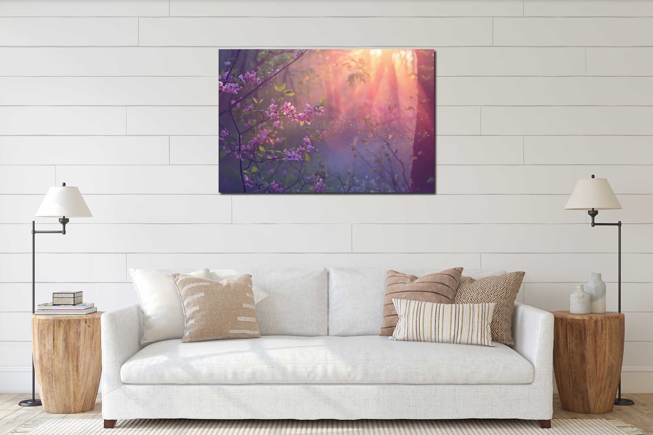 Sunbeams streaming through misty forest adorned with blooming lilac flowers interior mockup