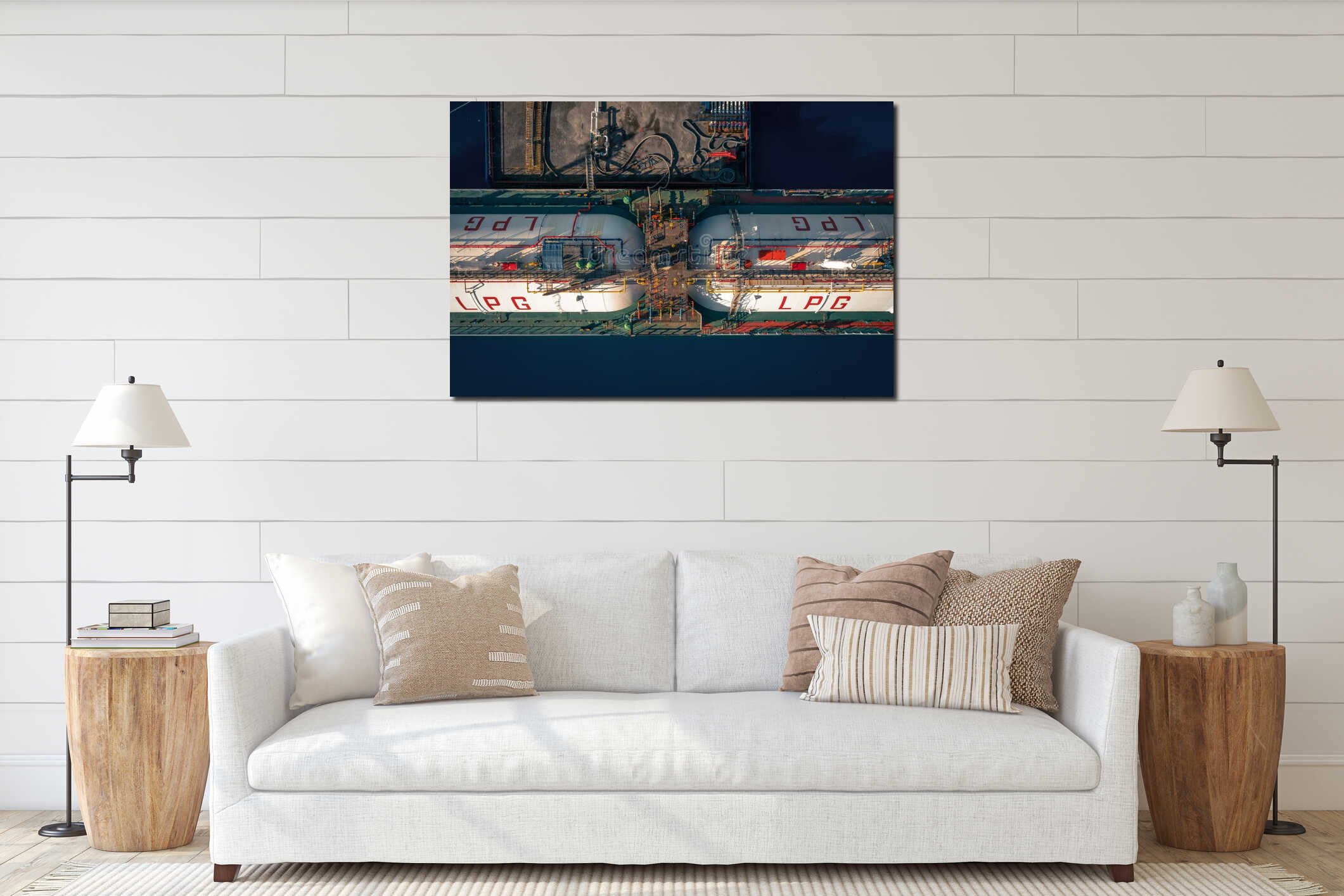 Aerial top down view of deck of LPG tanker ship with gas containers, moored at industrial port interior mockup