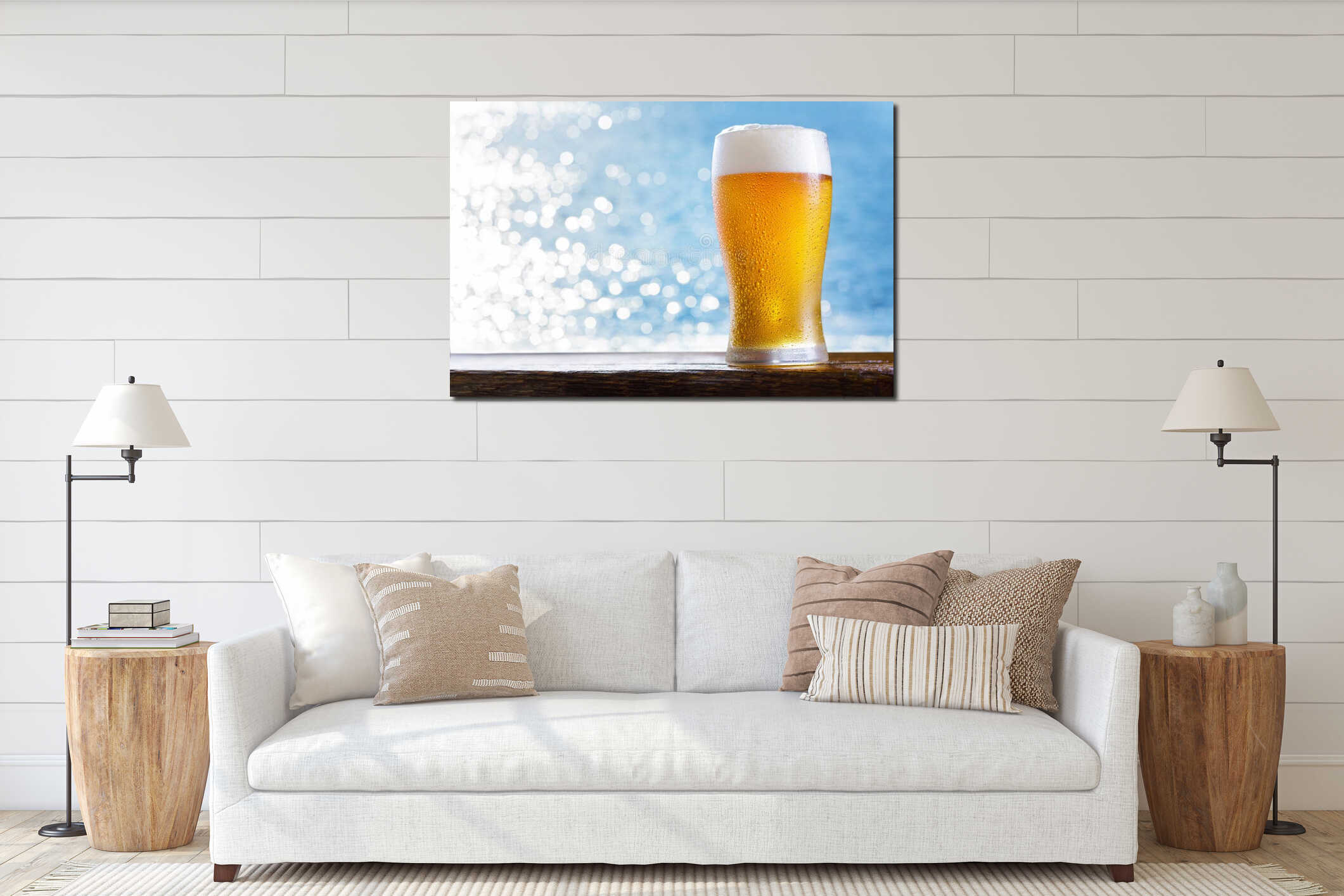 glass of beer on background of the sea interior mockup