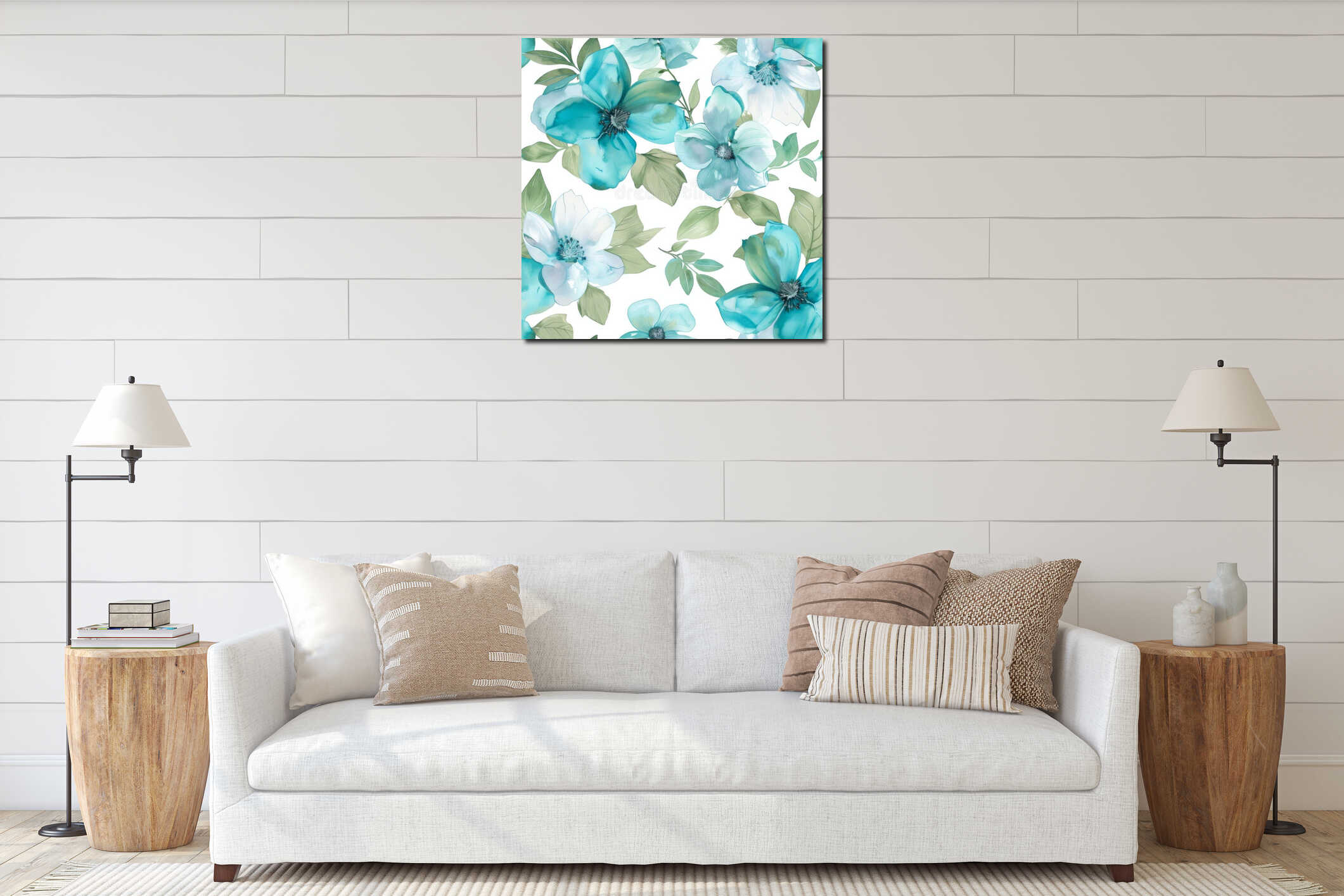 Chambray Blue Watercolor Flowers on Seamless Fabric Design interior mockup