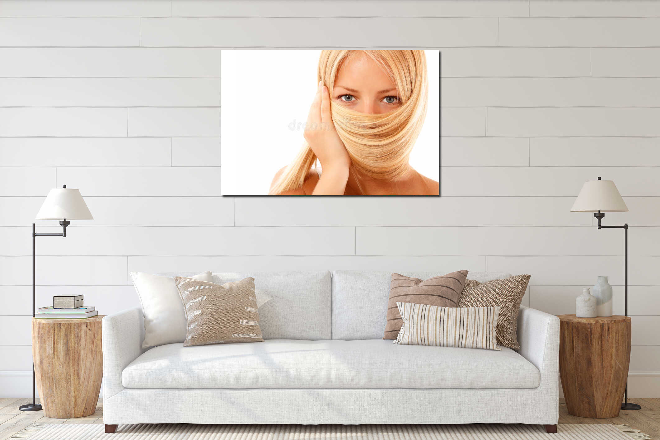 Teen girl blond hair isolated on white interior mockup