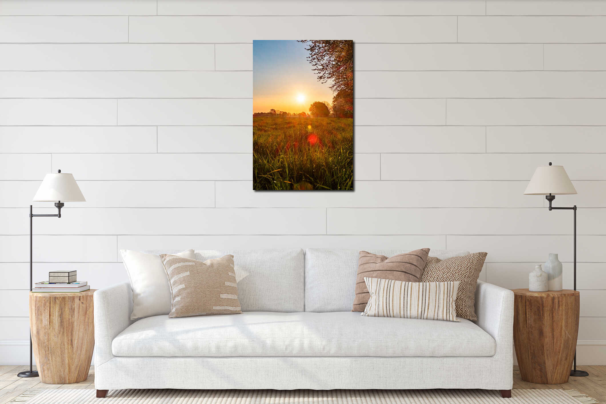 Radiant Sunrise Over Lush Meadow interior mockup